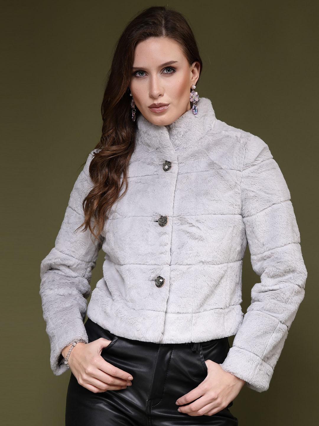 

Juelle Women Grey Self Design Pea Coat