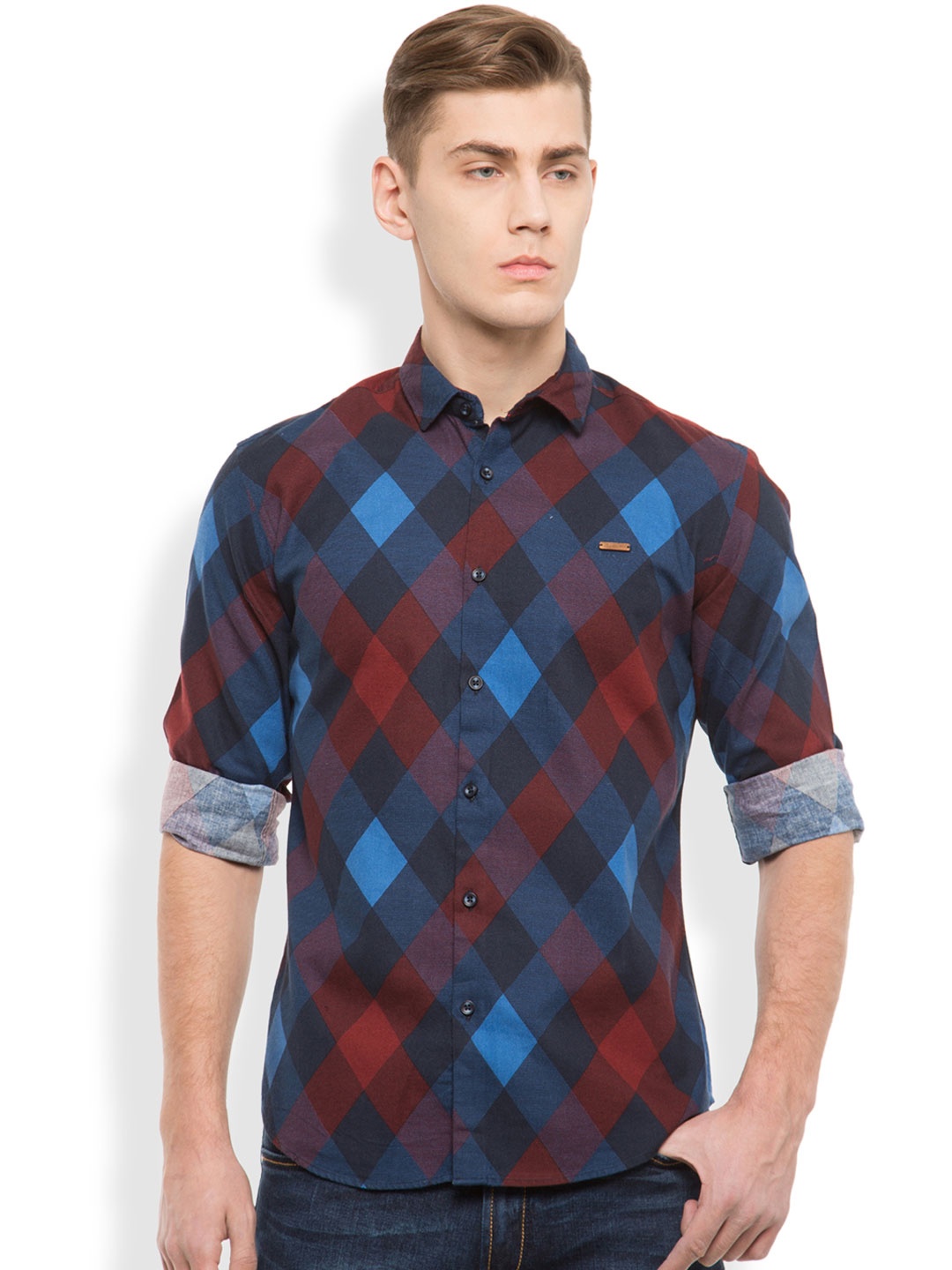 

LOCOMOTIVE Men Blue & Maroon Slim Fit Checked Casual Shirt