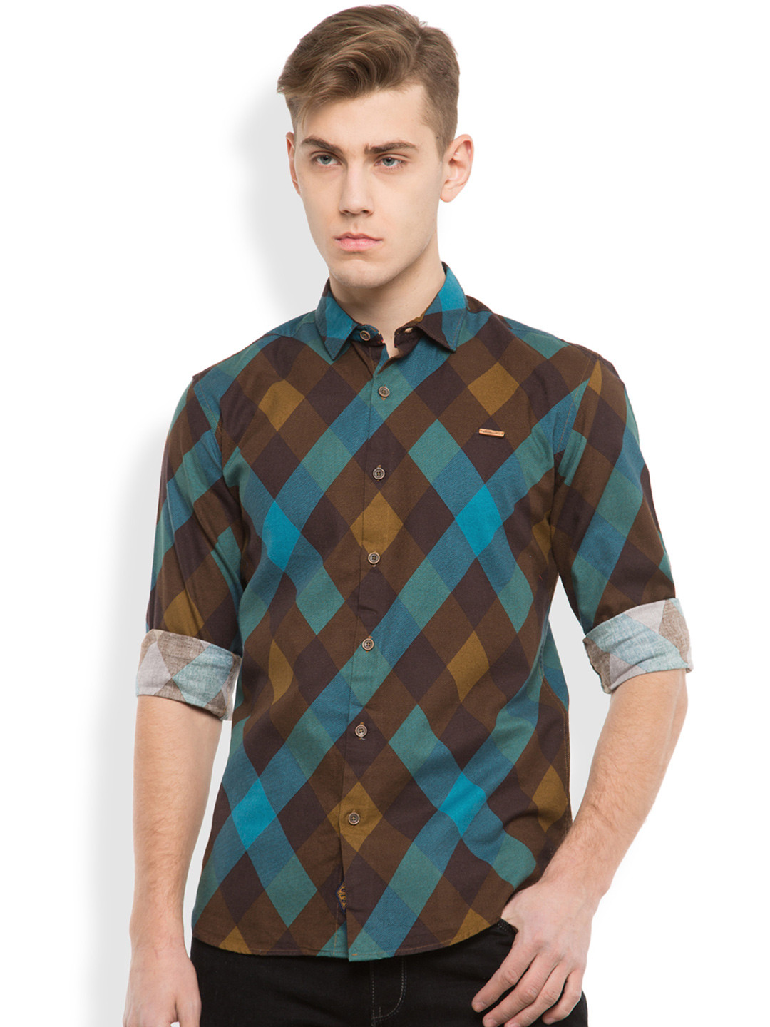 

LOCOMOTIVE Men Brown & Blue Slim Fit Checked Casual Shirt