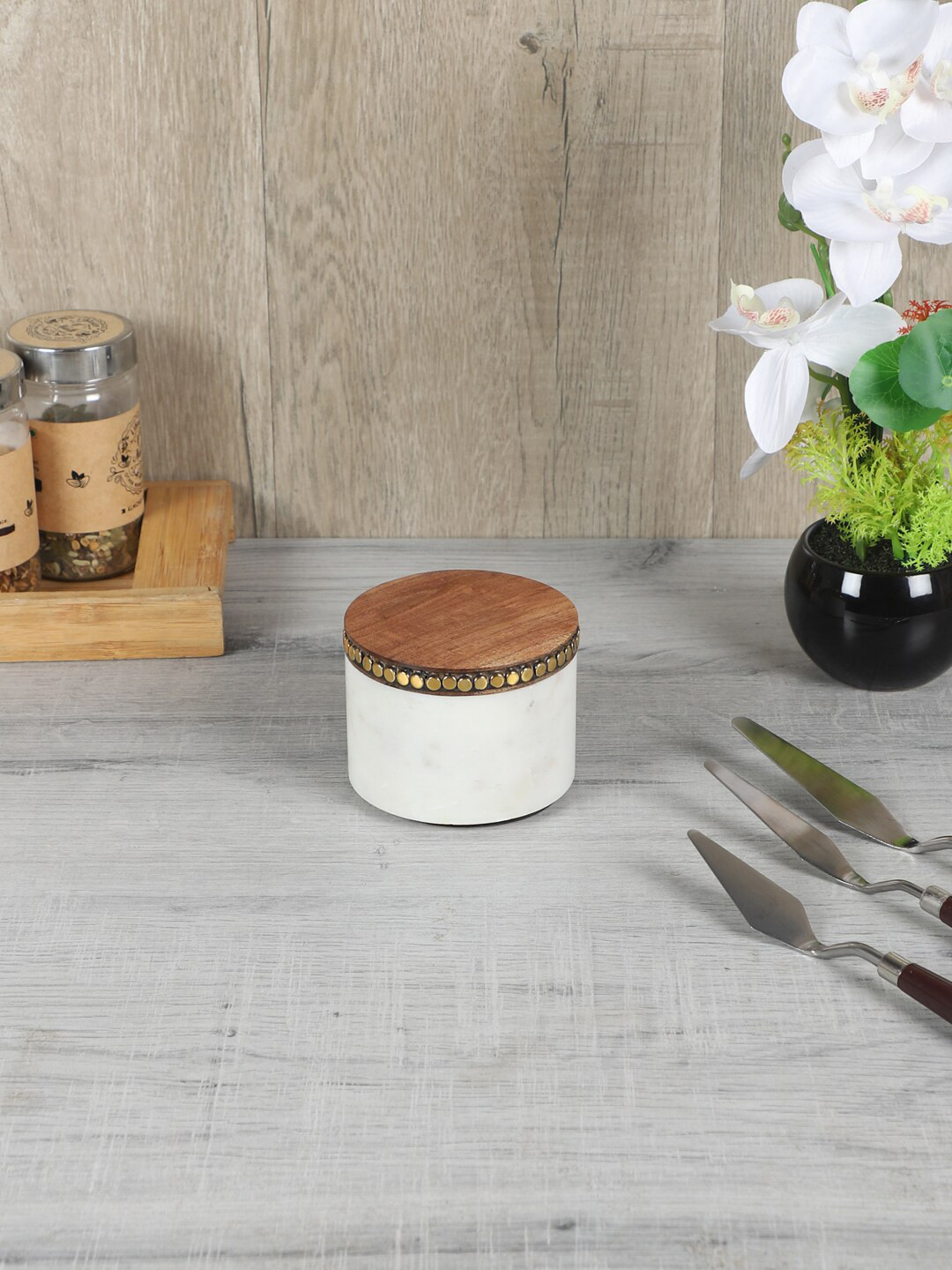

NikkisPride White Marble Salt & Pepper Cellar Box With Wooden Lid