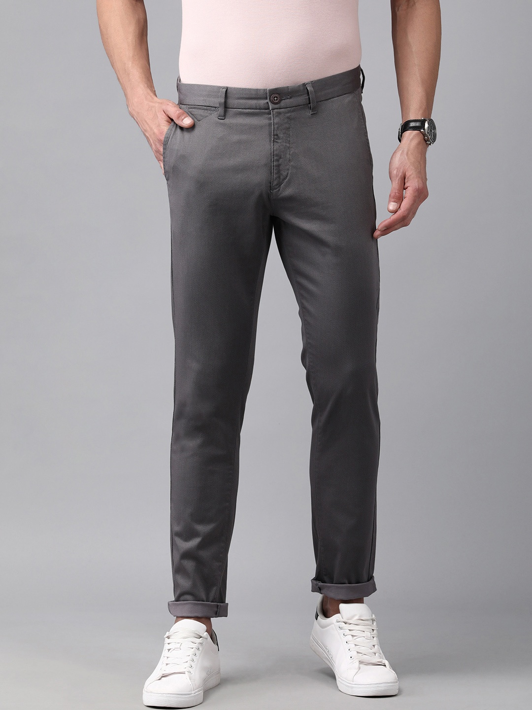 

U S Polo Assn Men Grey Textured Austin Trim Fit Trousers