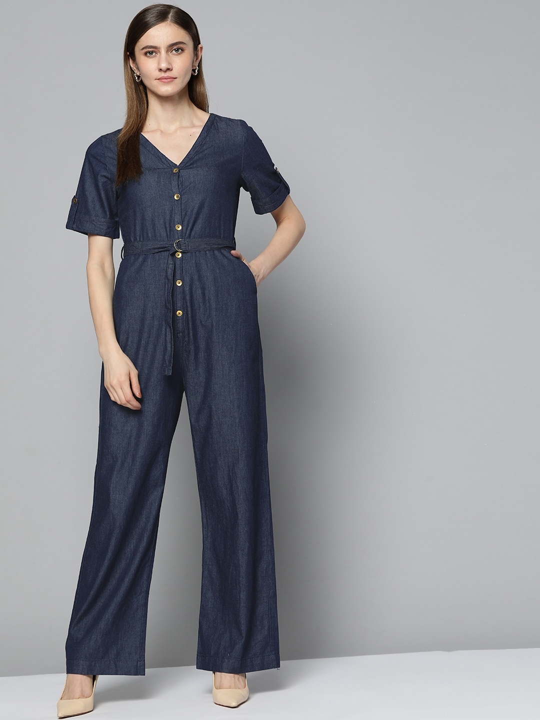 

Chemistry Navy Blue Solid Pure Cotton Basic Jumpsuit