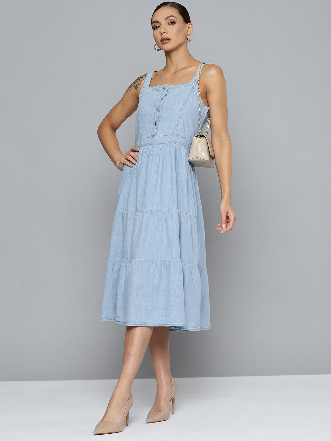 

Chemistry Blue A-Line Pure Cotton Tiered Midi Denim Dress