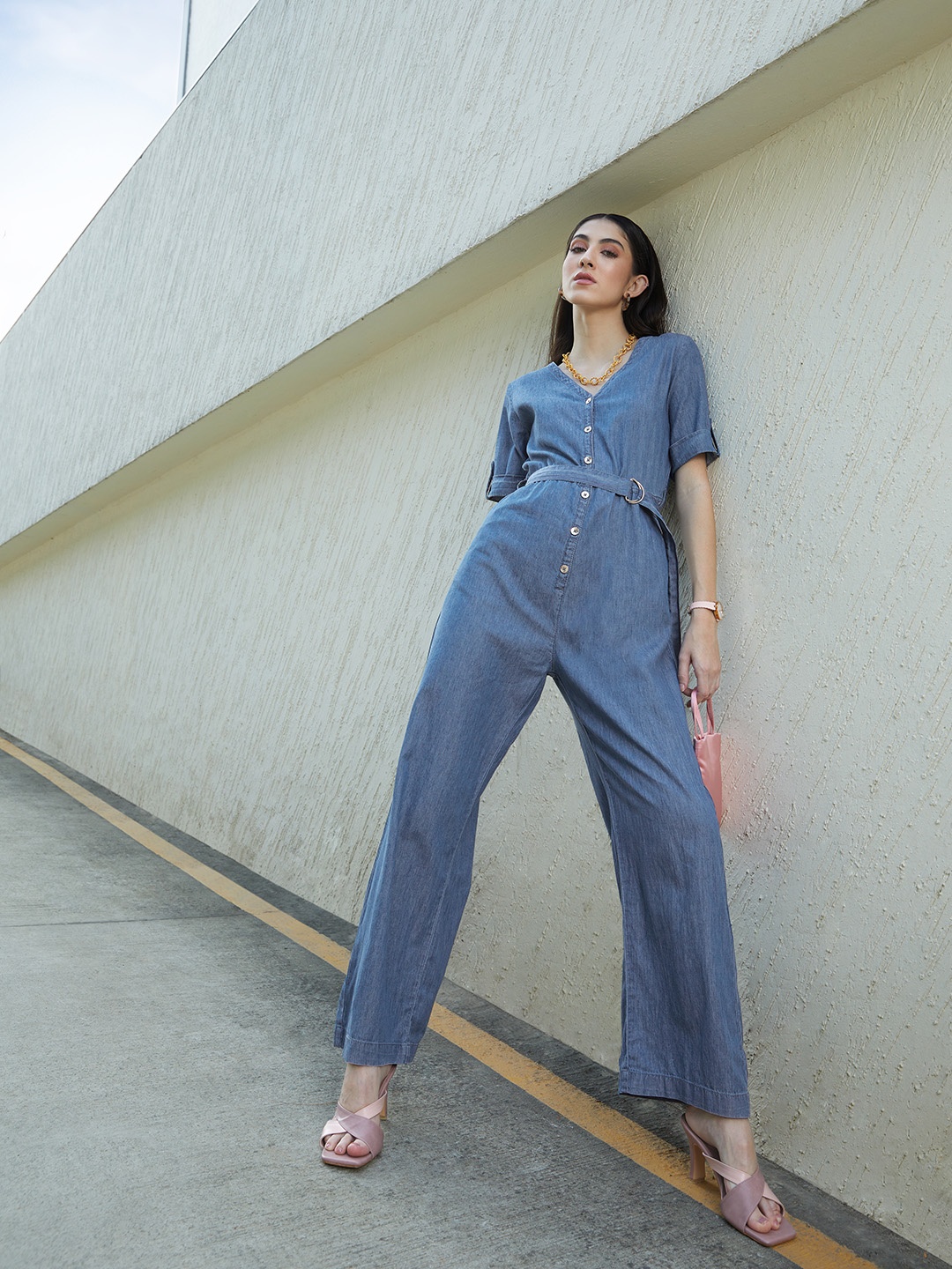 

Chemistry Blue Pure Cotton Solid Basic Denim Jumpsuit