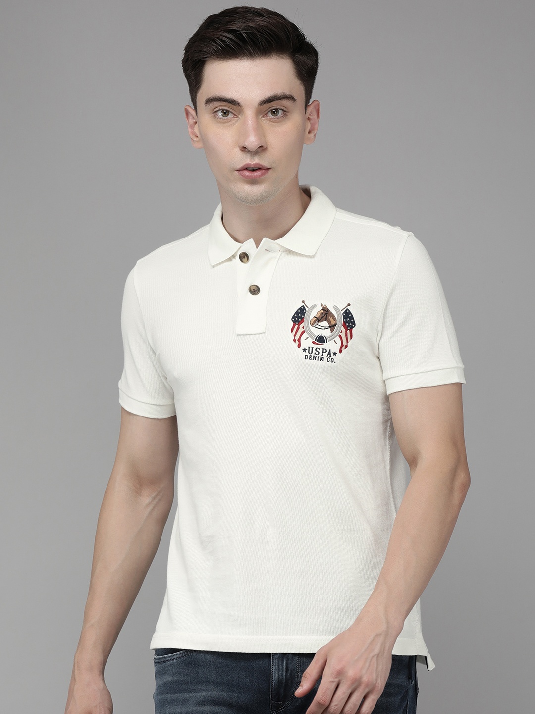 

U S Polo Assn Denim Co Men White Brand Logo Printed Polo Collar Pure Cotton T-shirt