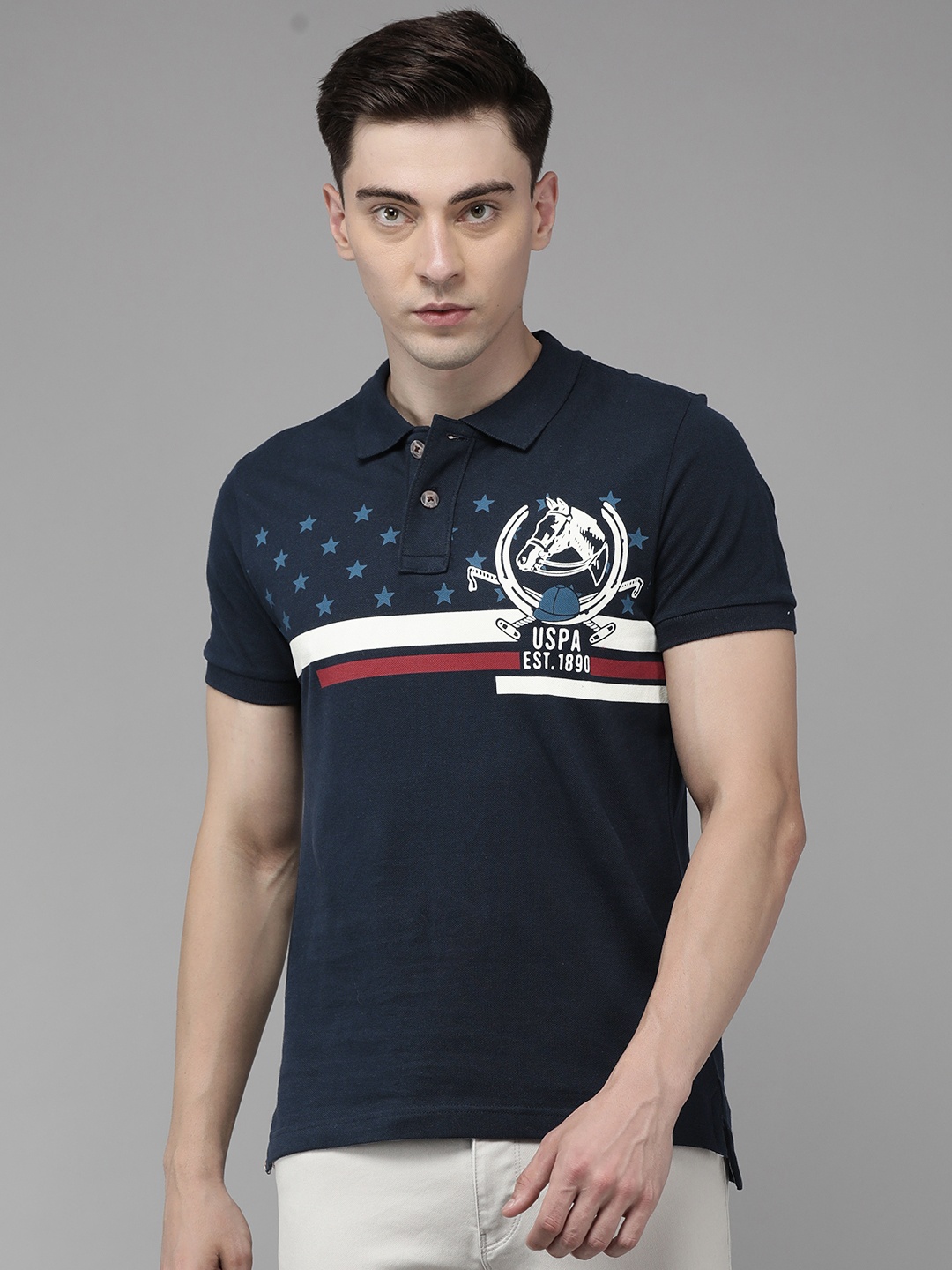 

U S Polo Assn Denim Co Men Navy Blue Printed Polo Collar T-shirt