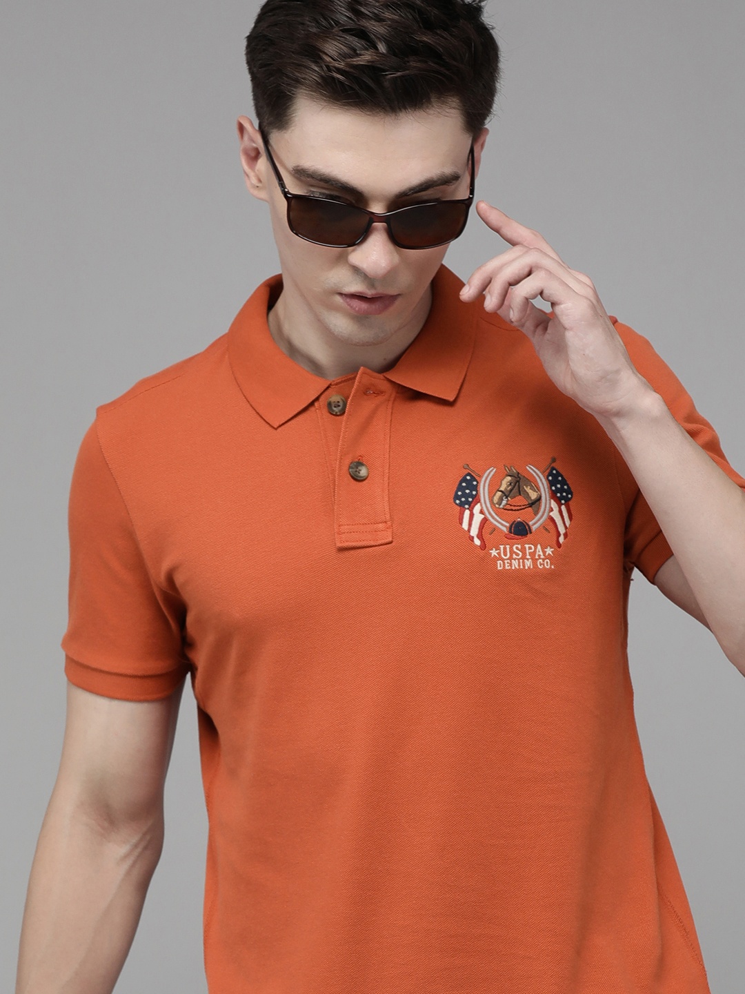

U S Polo Assn Denim Co Men Rust Brand Logo Printed Polo Collar Pure Cotton T-shirt