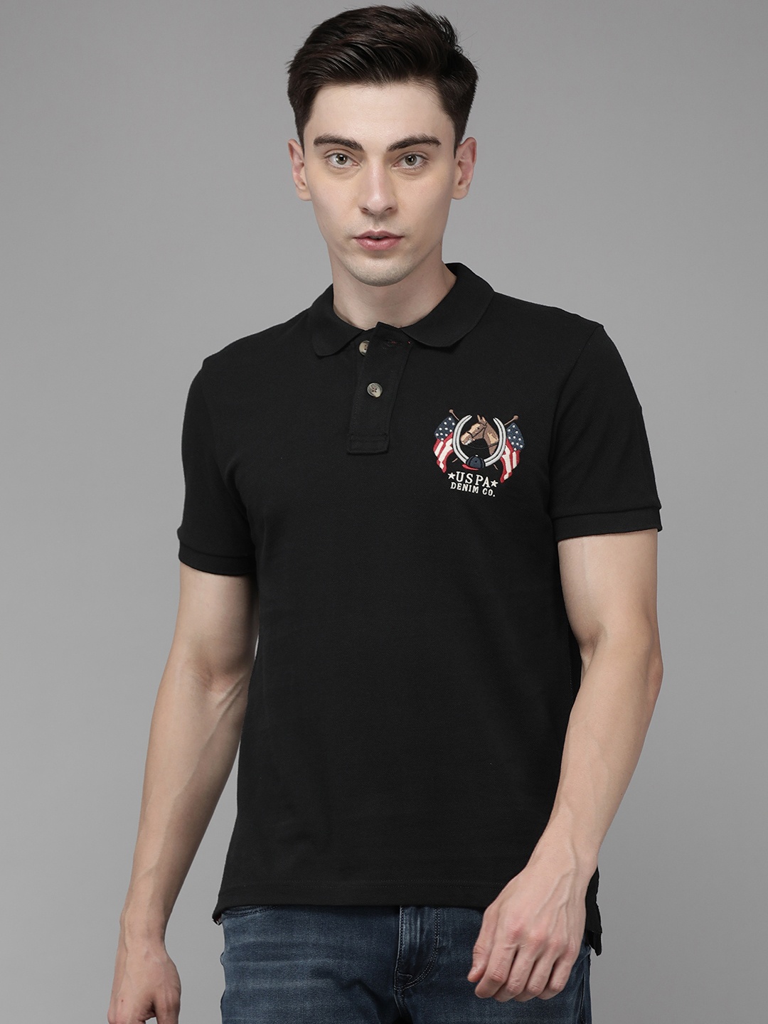 

U S Polo Assn Denim Co Men Black Brand Logo Printed Polo Collar Pure Cotton T-shirt