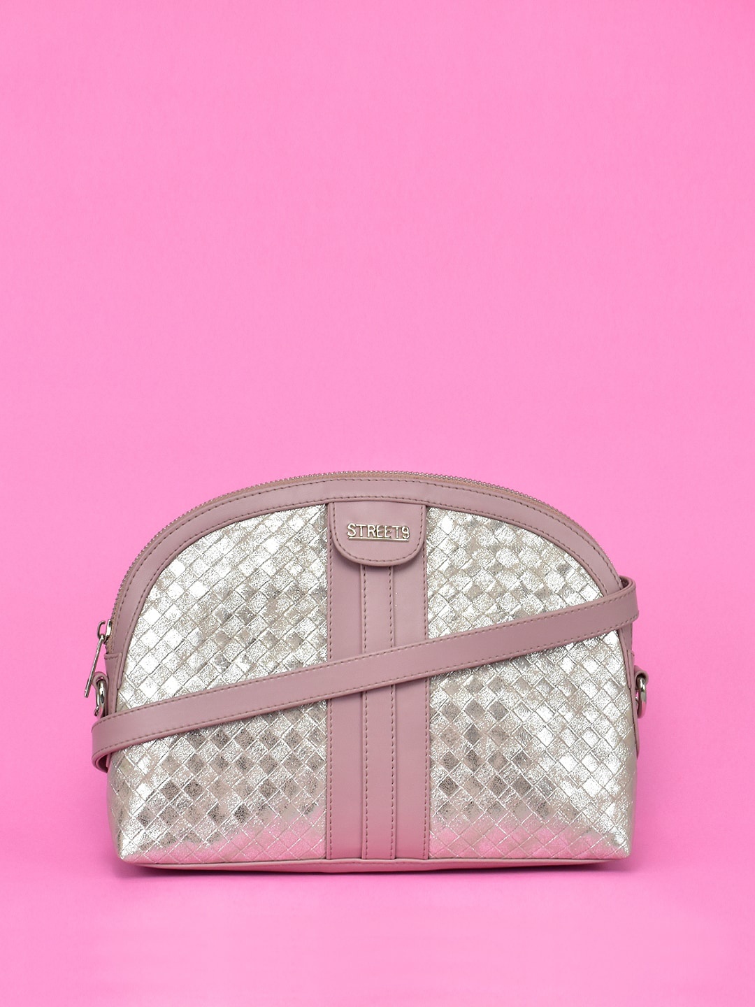 

STREET 9 Silver-Toned & Pink PU Half Moon Sling Bag
