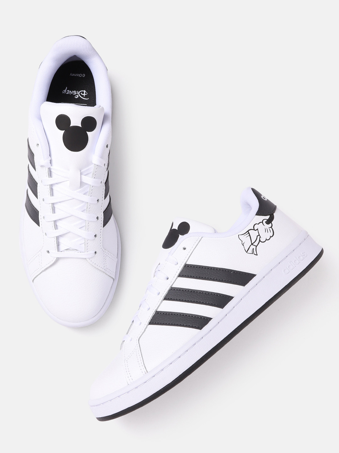 

ADIDAS Men White & Black Leather Disney Mickey Mouse Edition Grand Court Tennis Sneakers