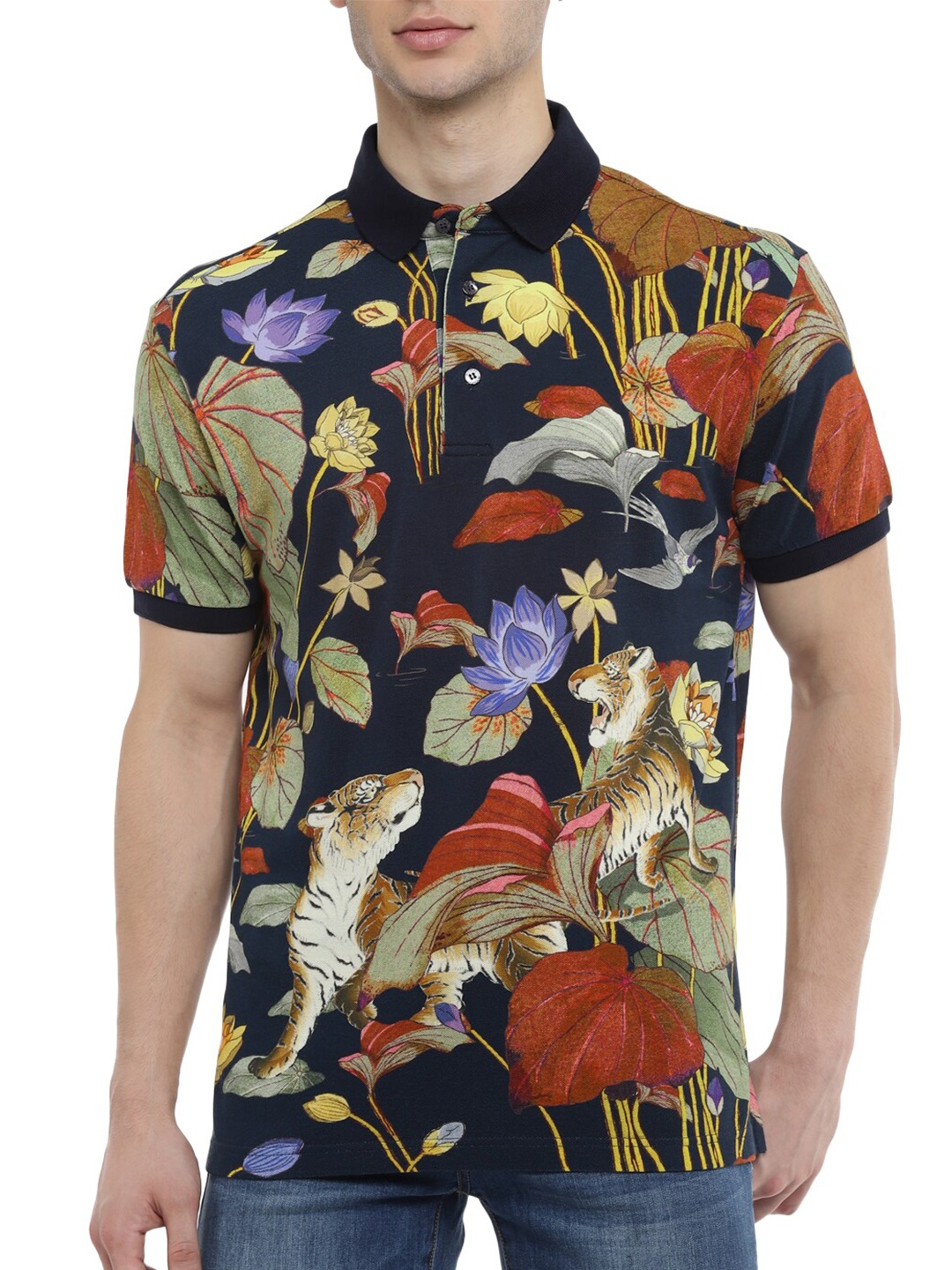 

ETRO Men Navy Blue & Green Printed Polo Collar Pure Cotton T-shirt