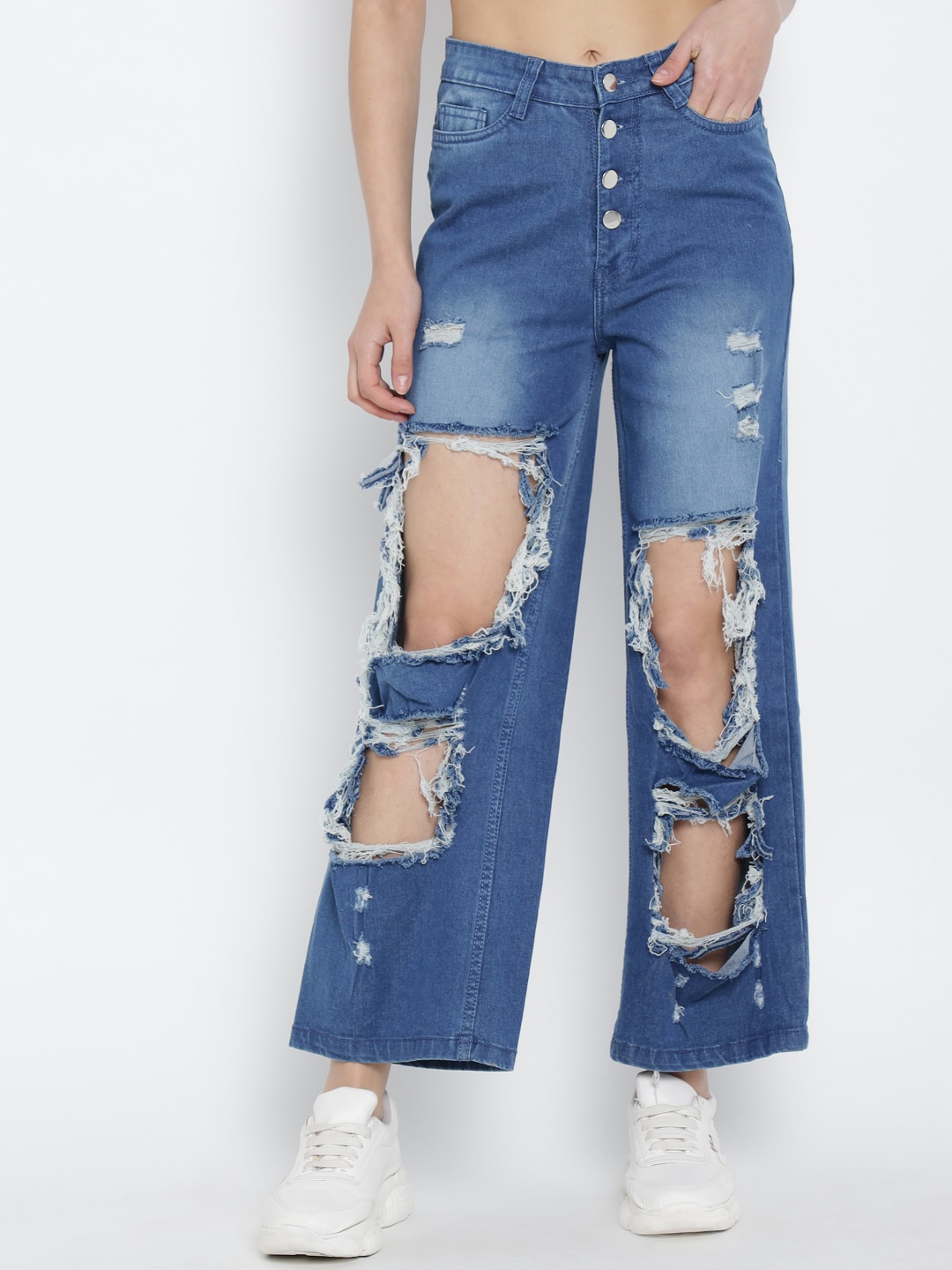

The Dry State Women Blue Straight Fit High-Rise Highly Distressed Stretchable Jeans
