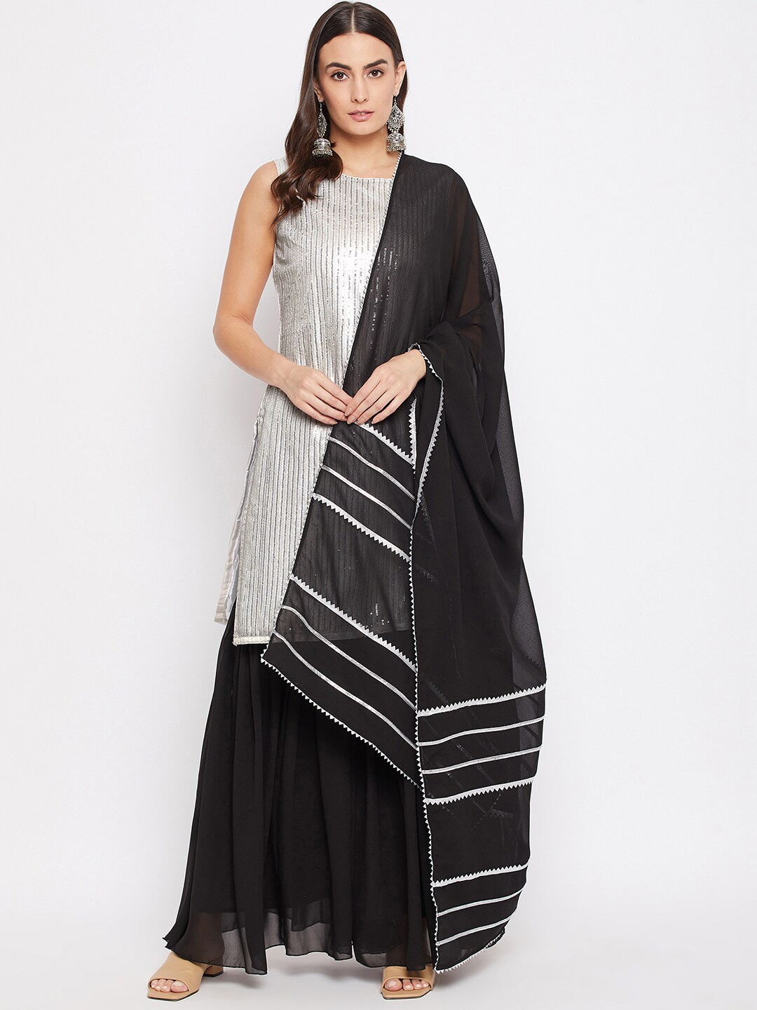 

Bitterlime Black & Silver-Toned Dupatta with Gotta Patti