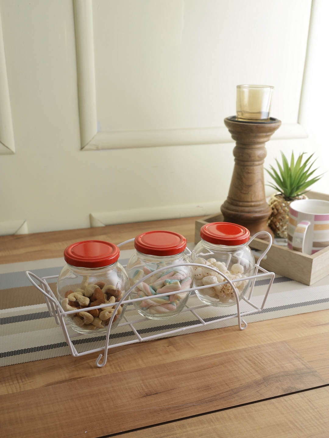 

Storehaus Set of 3 Transparent Matka Jars with Red Lids & White Stand