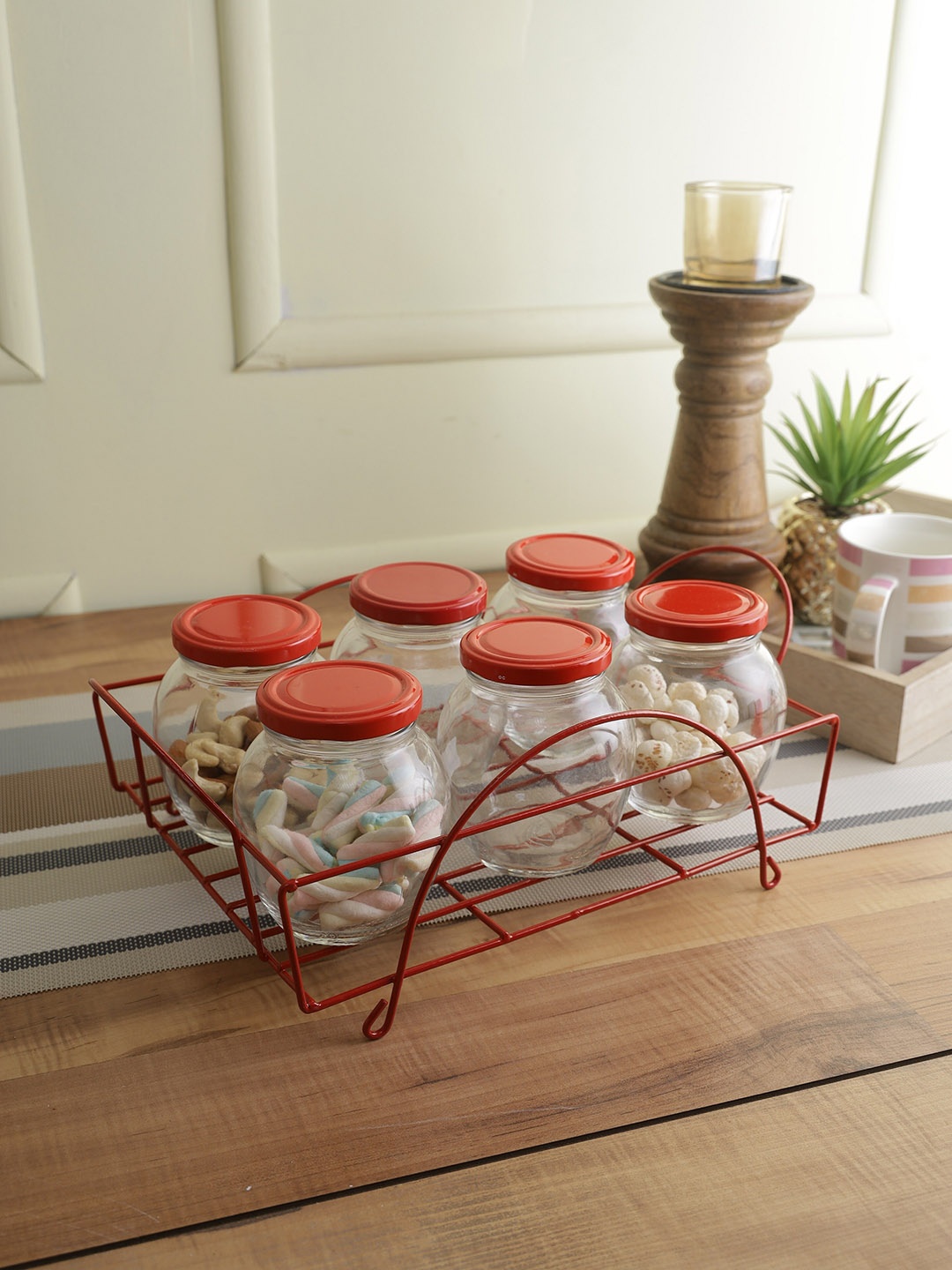 

Storehaus Set of 6 Transparent & Red Matka Jar with Red Stand