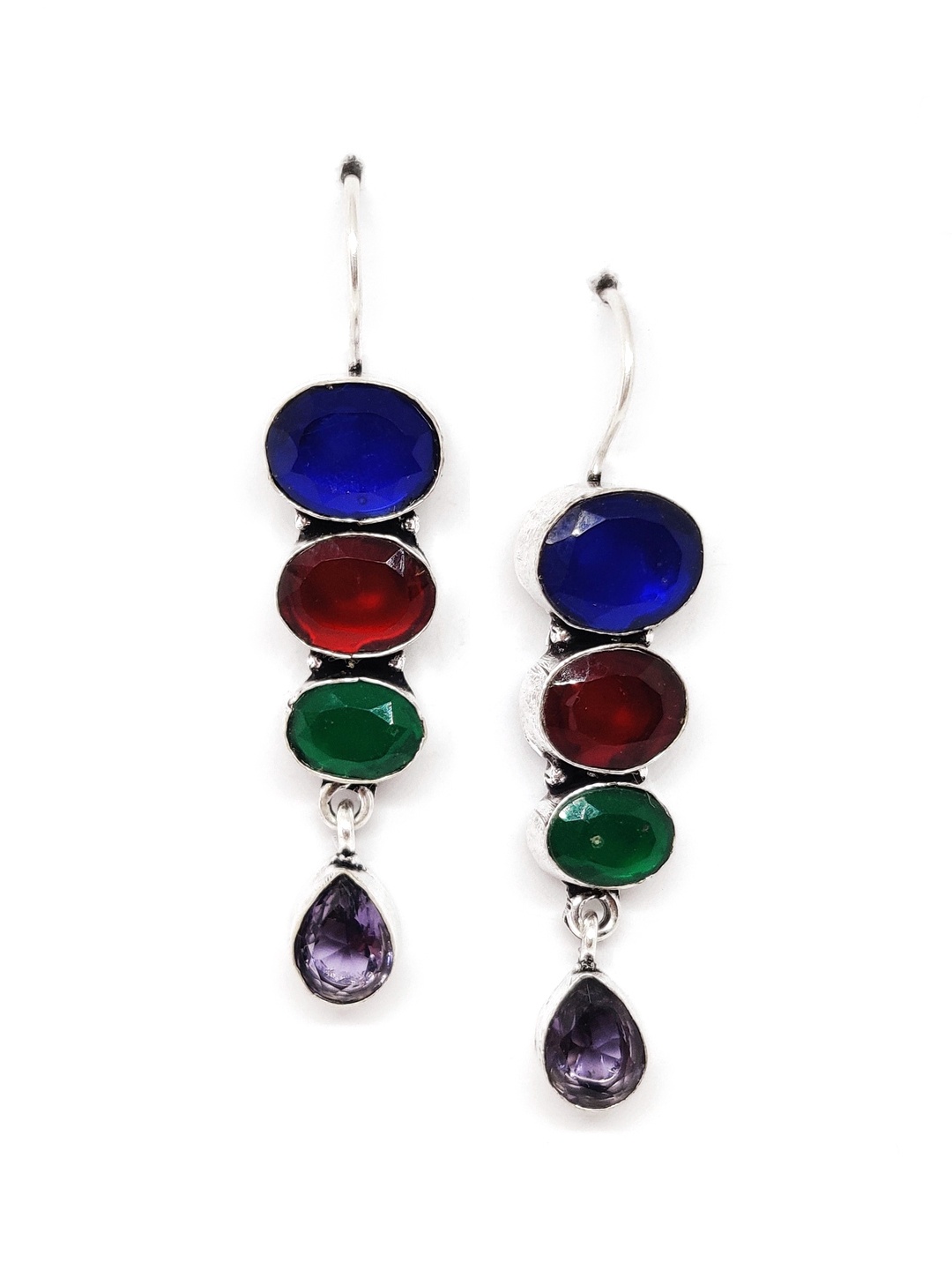 

EL REGALO Red & Blue Contemporary German Silver Drop Earrings