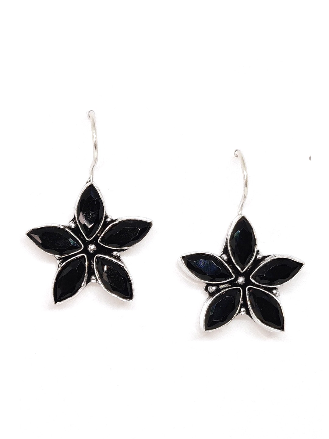 

EL REGALO Silver-Toned & Black German Silver Star Shaped Drop Earrings