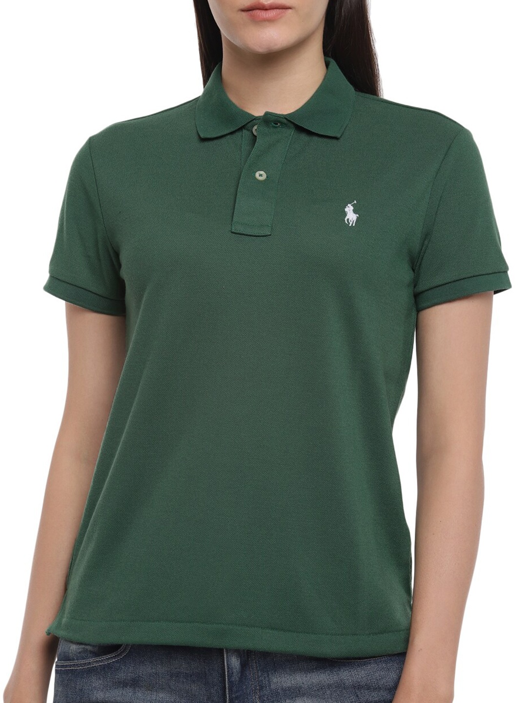 

Polo Ralph Lauren Women Green Polo Collar Slim Fit Pure Cotton Outdoor T-shirt