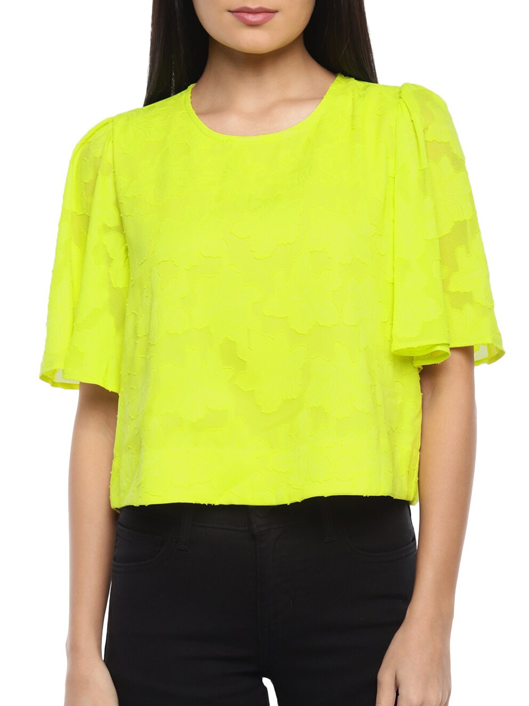 

DKNY Women Green Self Design Jacquard Pure Cotton Crop Top