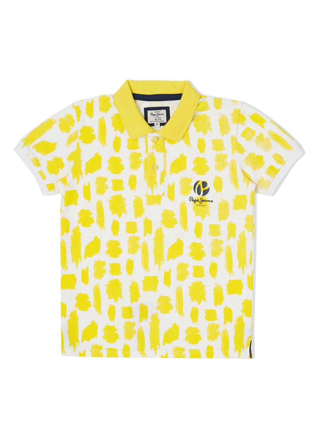 

Pepe Jeans Boys White & Yellow Printed Polo Collar Pure Cotton T-shirt