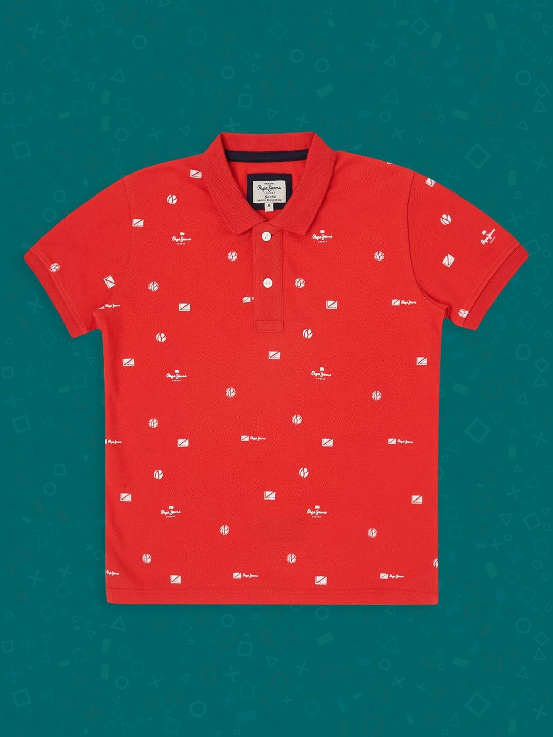 

Pepe Jeans Boys Red & White Printed Polo Collar Pure Cotton T-shirt