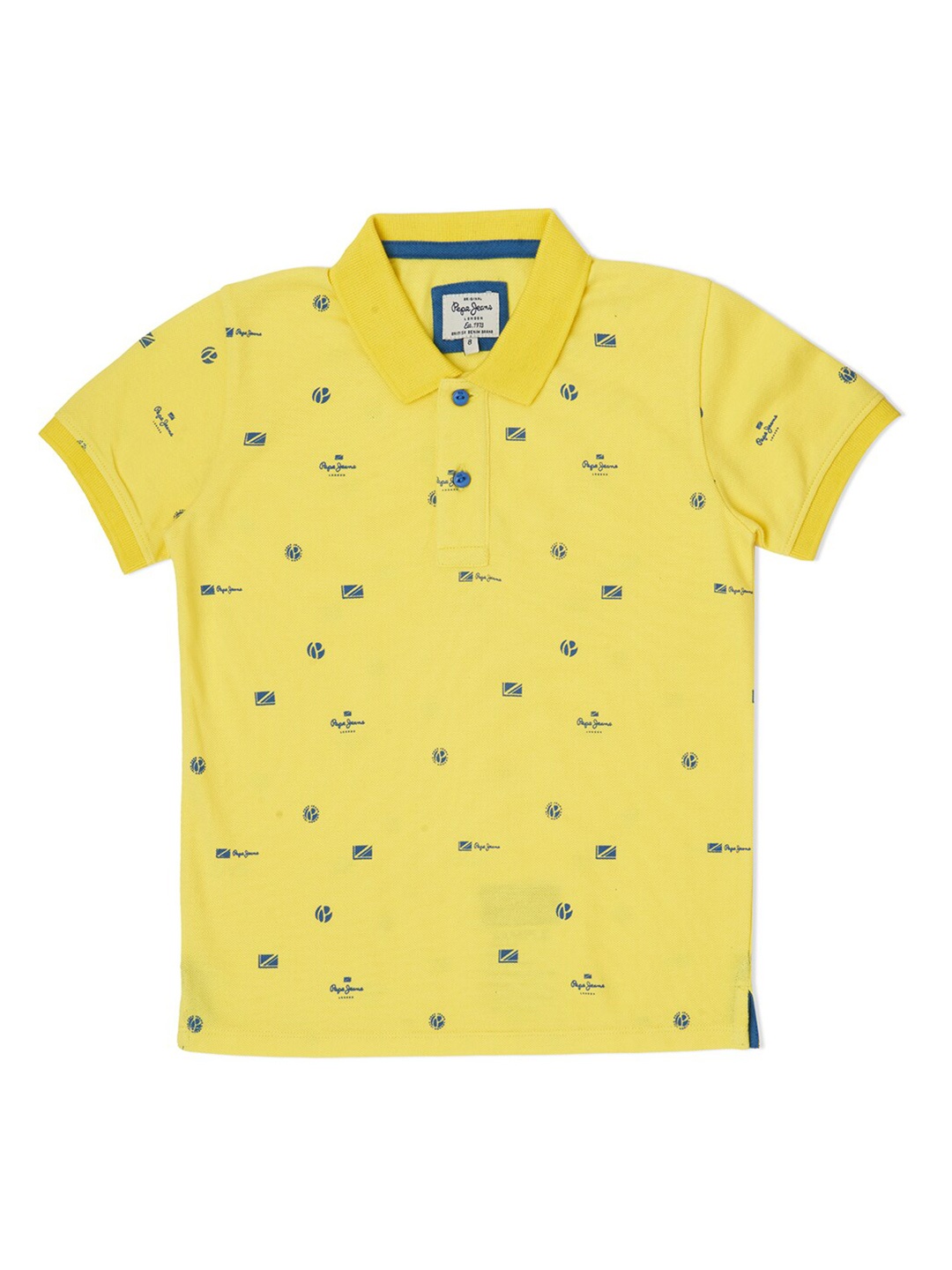 

Pepe Jeans Boys Yellow & Blue Printed Polo Collar Pure Cotton T-shirt