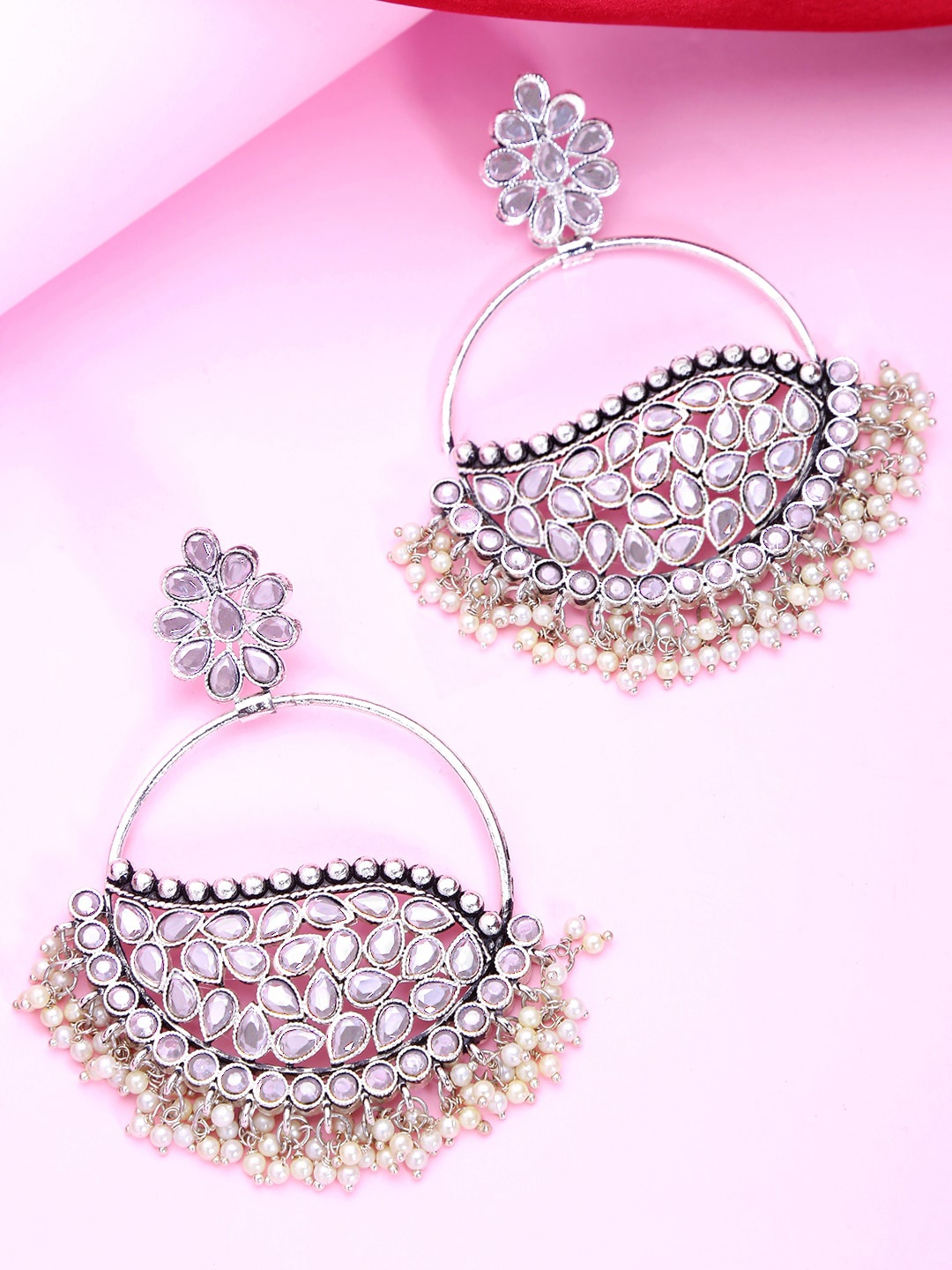 

Yellow Chimes White Kundan Pearl Silver Oxidised Chandbalis