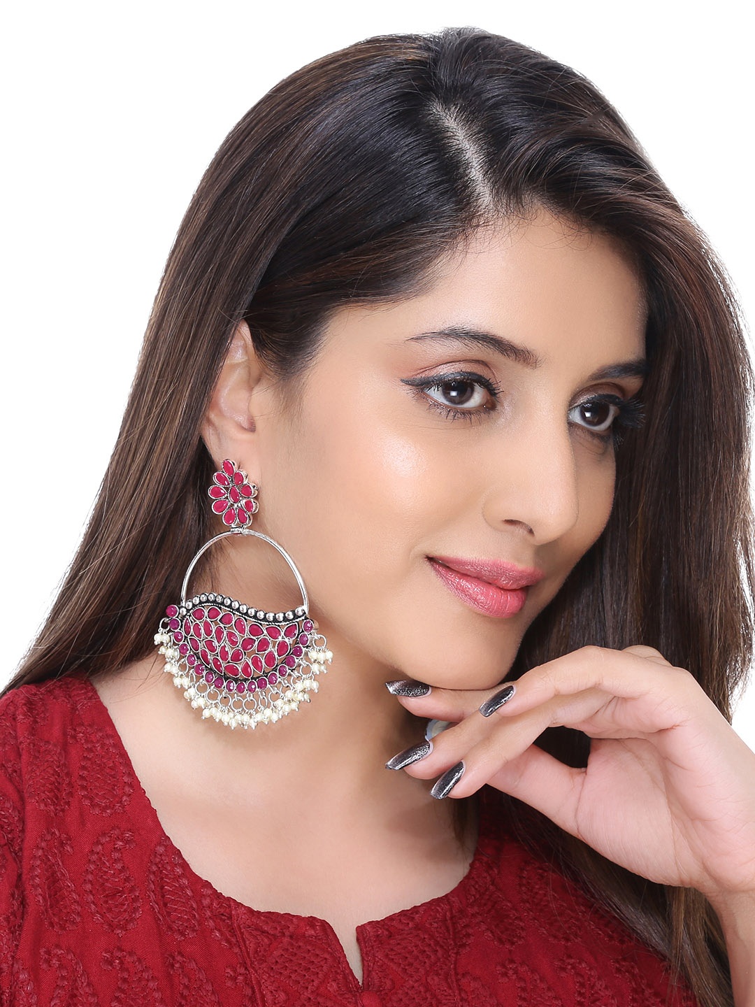 

Yellow Chimes Silver Oxidised Pink Studded Stone Big Chandbali Earrings