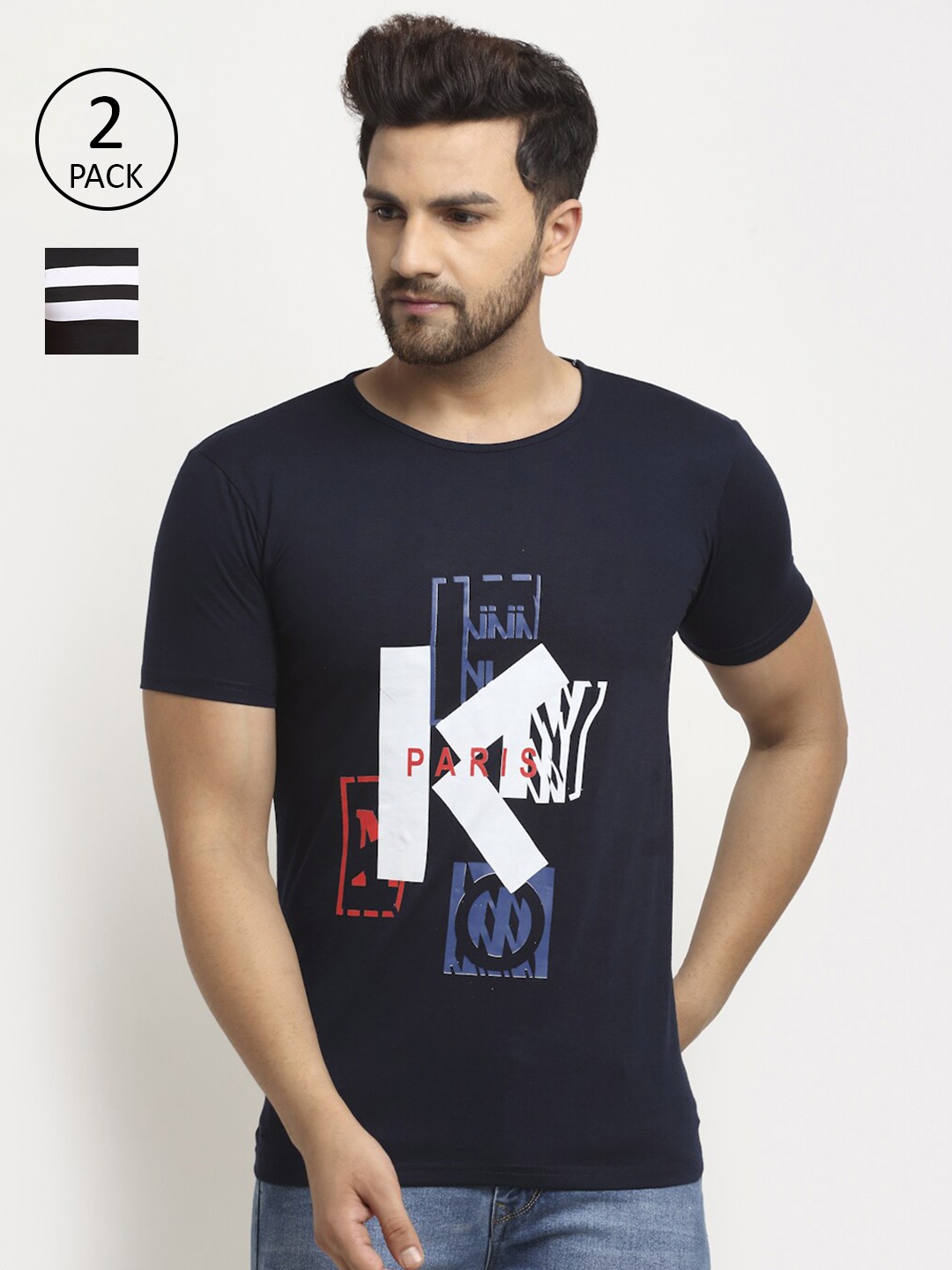 MACK JONNEY Men Navy Blue Pack Of 2 Graphic Printed T-shirt