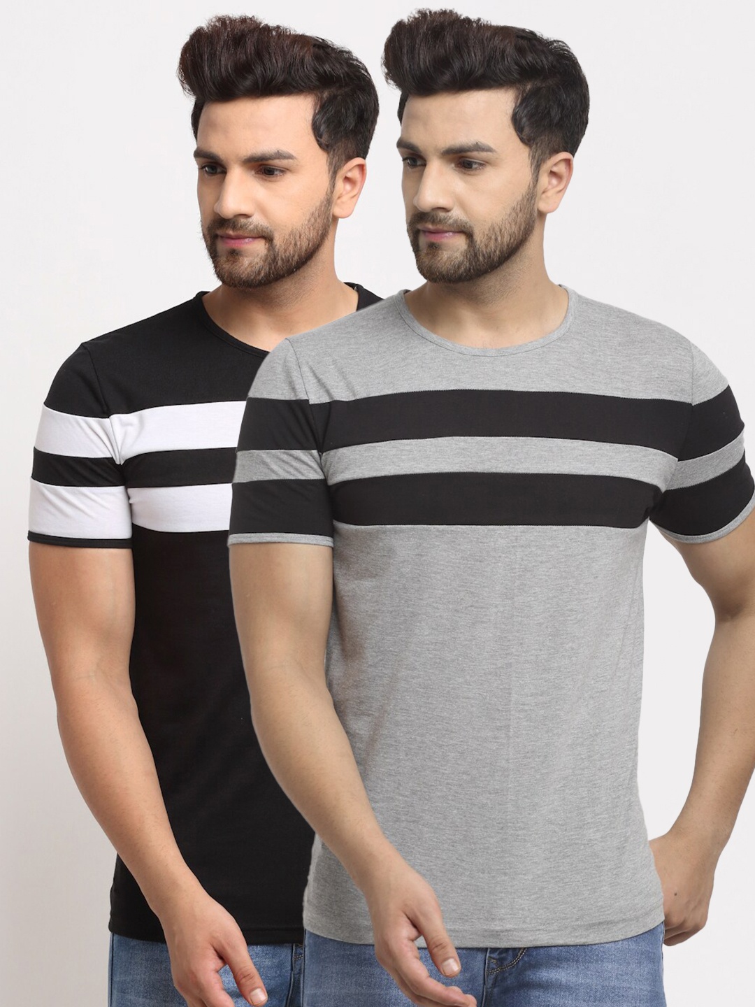 

VIMAL JONNEY Men Grey & Black 2 Striped Cotton T-shirts