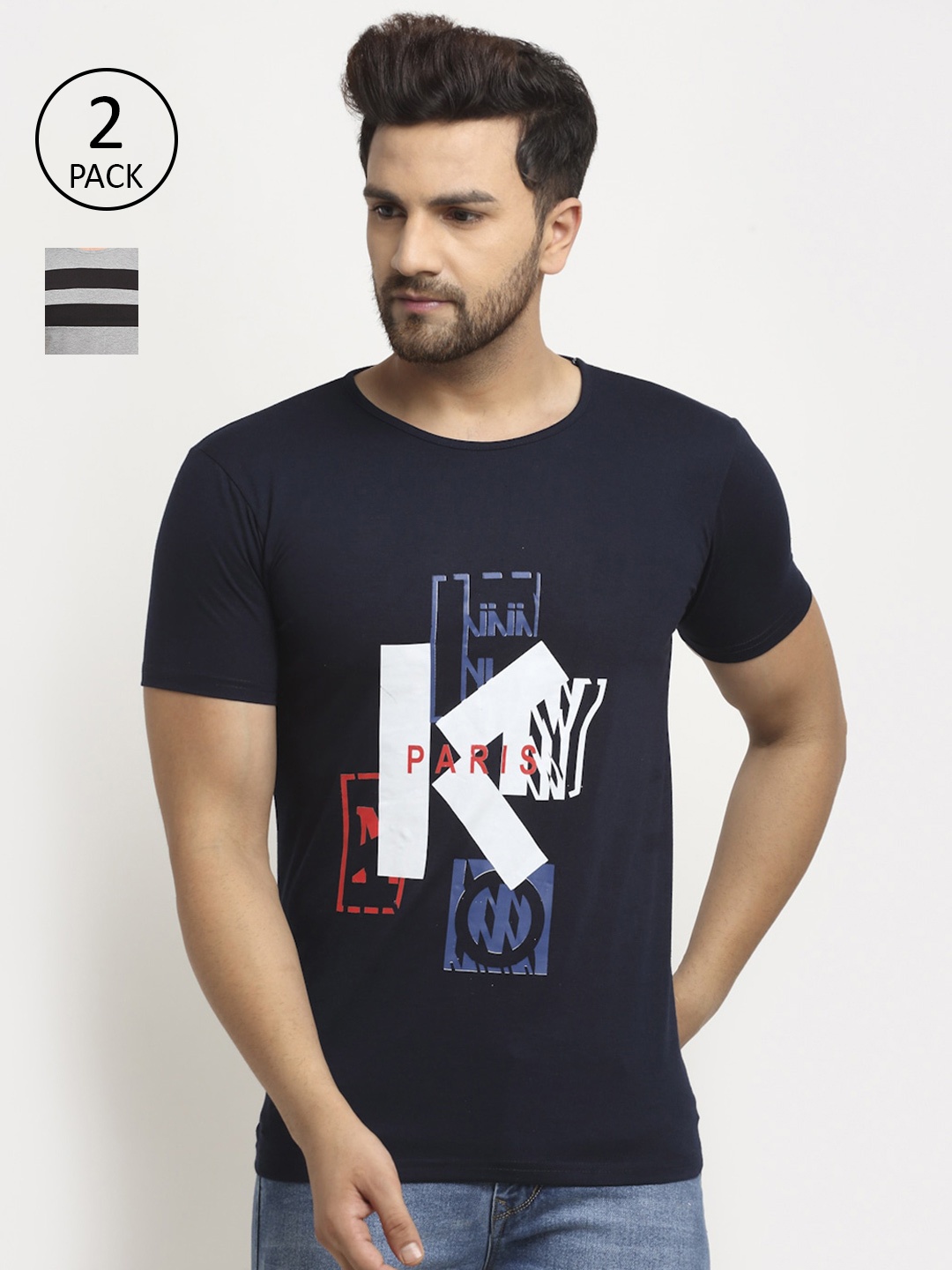 

MACK JONNEY Men Pack of 2 Printed T-shirt, Navy blue