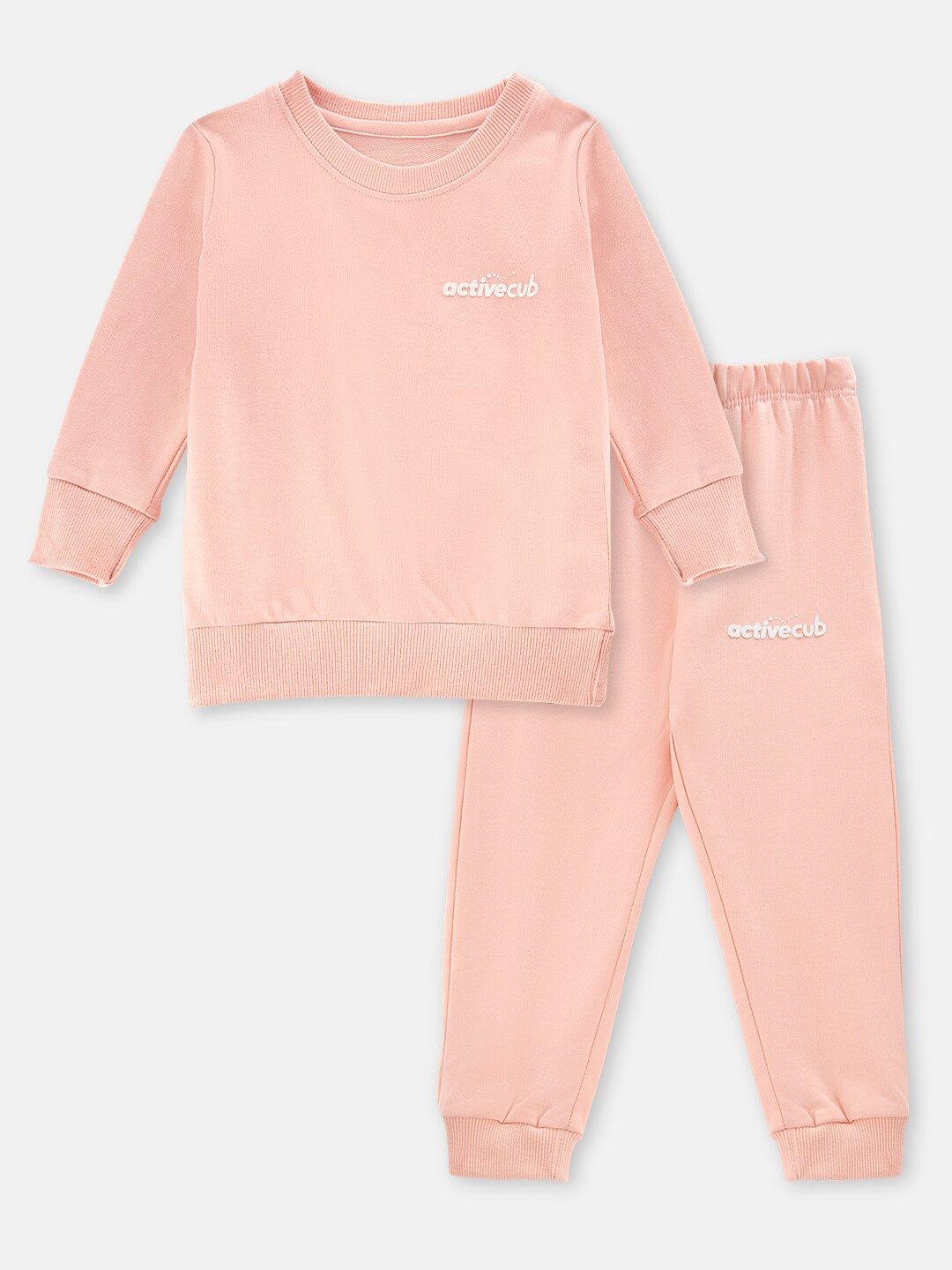 

Cuddles for Cubs Unisex Kids Pink Solid Sweatshirt & Joggers Co-Ord Set