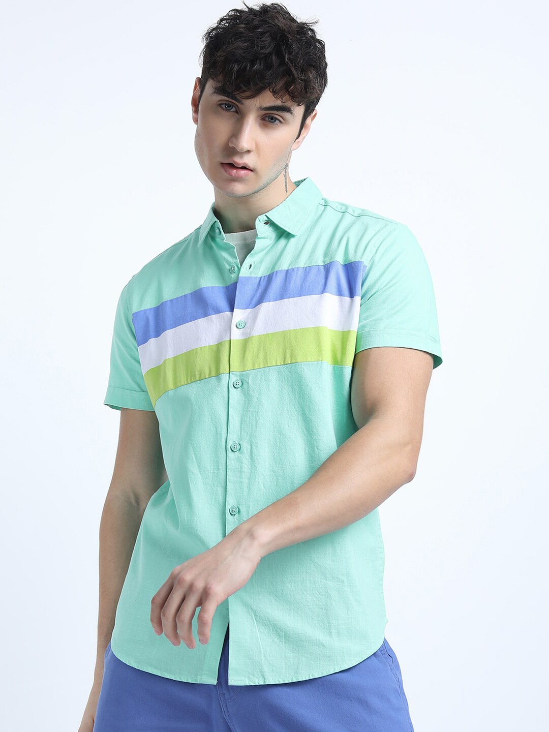 

KETCH Men Turquoise Blue & White Slim Fit Striped Cotton Casual Shirt