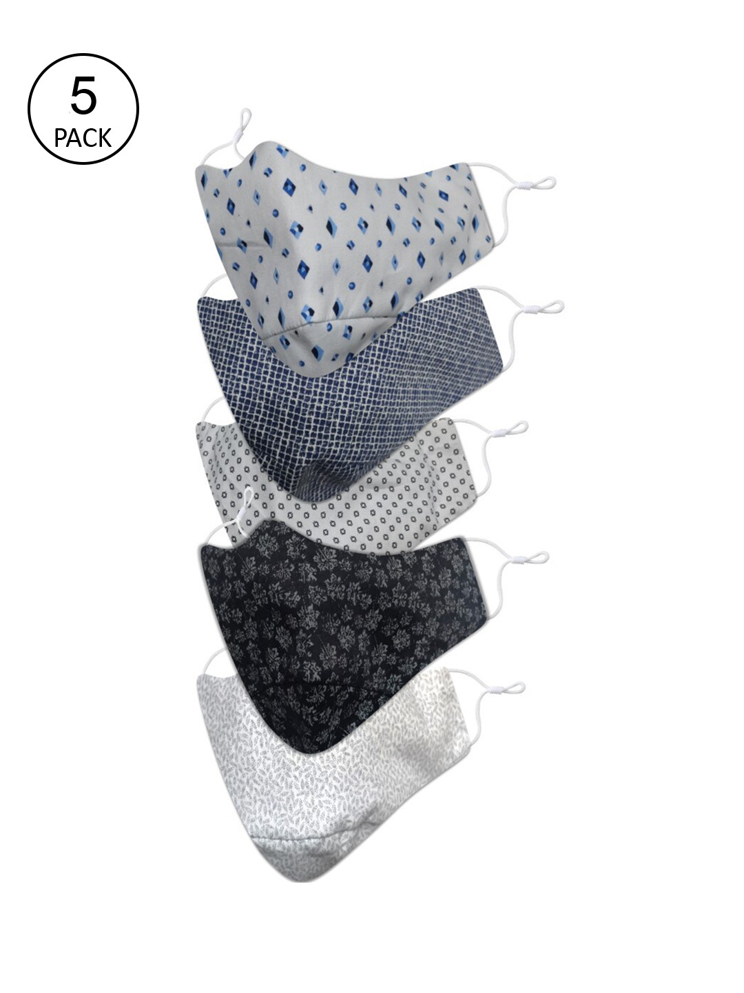 

EL REGALO Men Pack of 5 Printed 3-Ply Cotton Reusable Cloth Masks, Grey