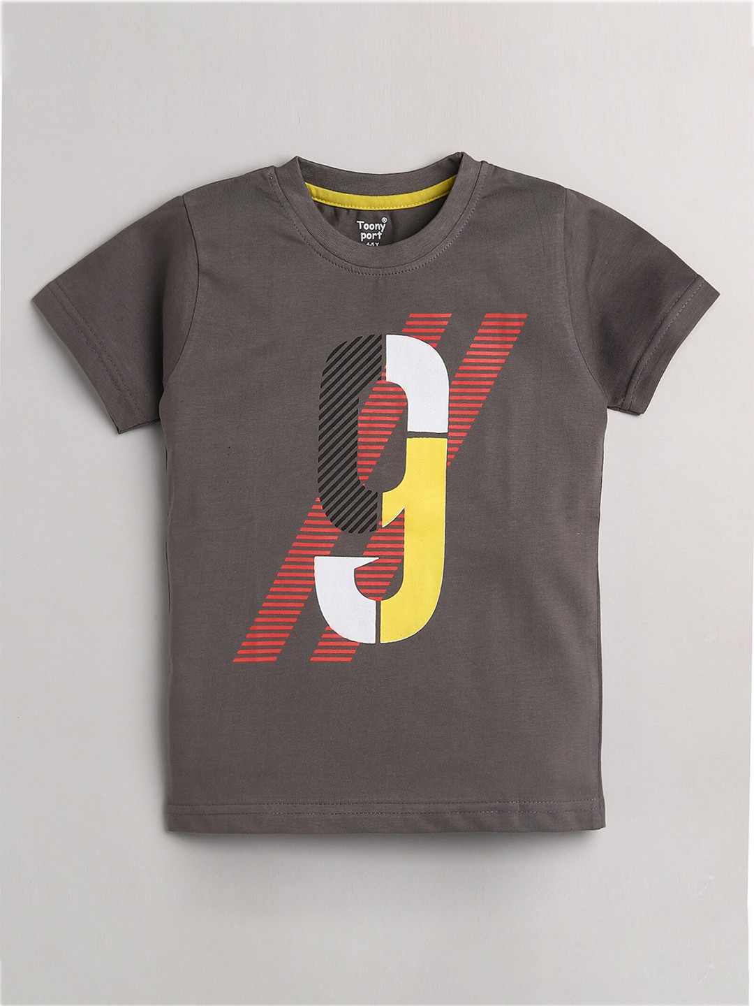 

Toonyport Boys Grey & Red Typography Printed Pure Cotton T-shirt