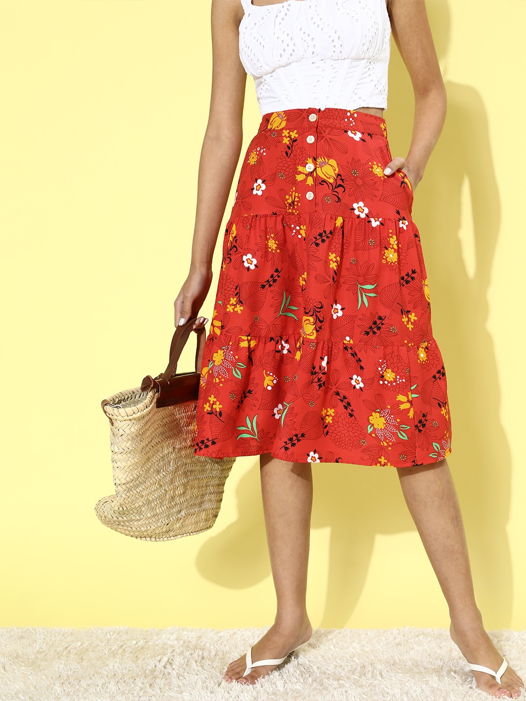 

DressBerry Women Gorgeous Red Floral Tiered Skirt