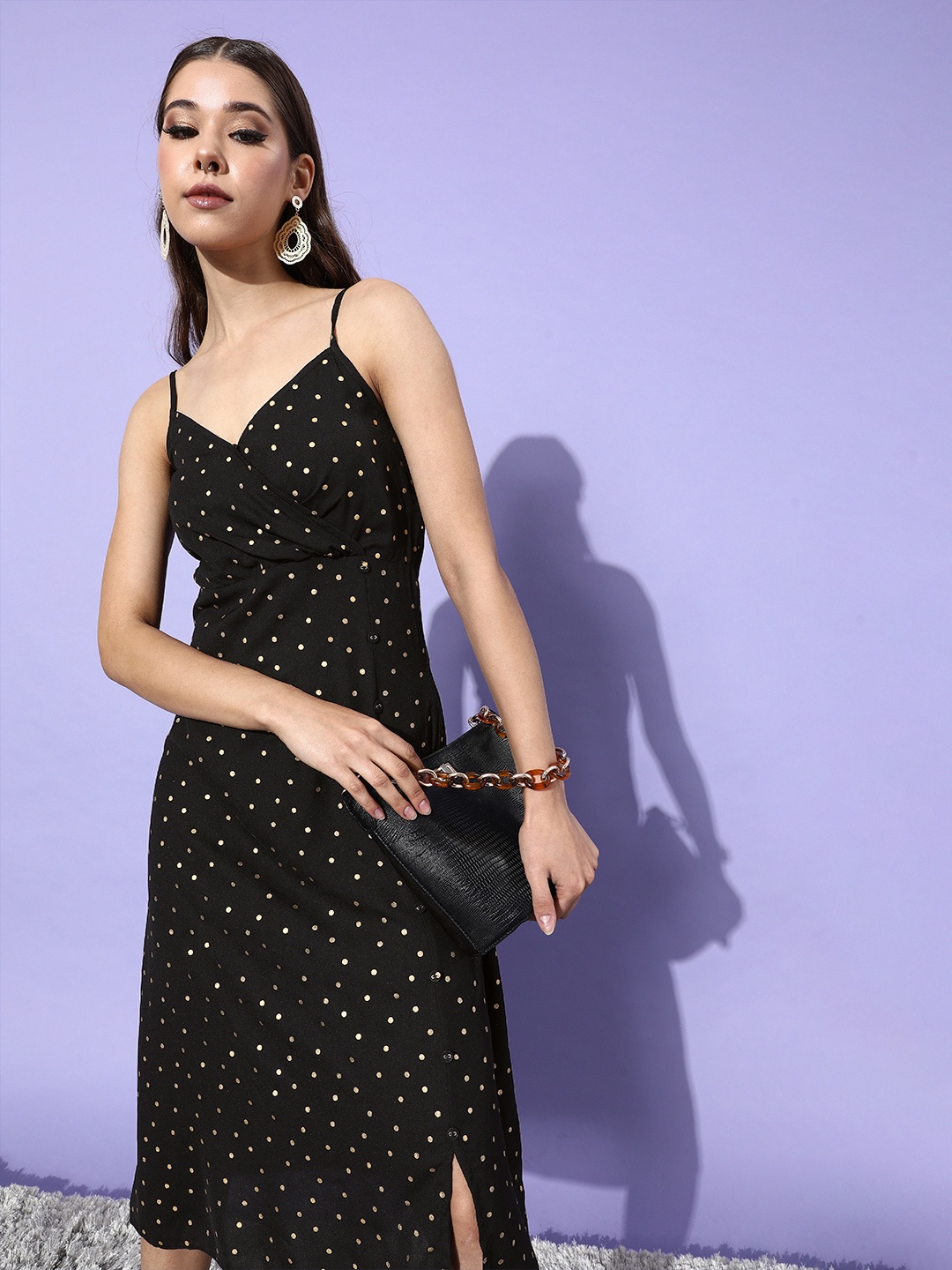 

DressBerry Black & Off White Foil Polka Dot Printed A-Line Party Dress