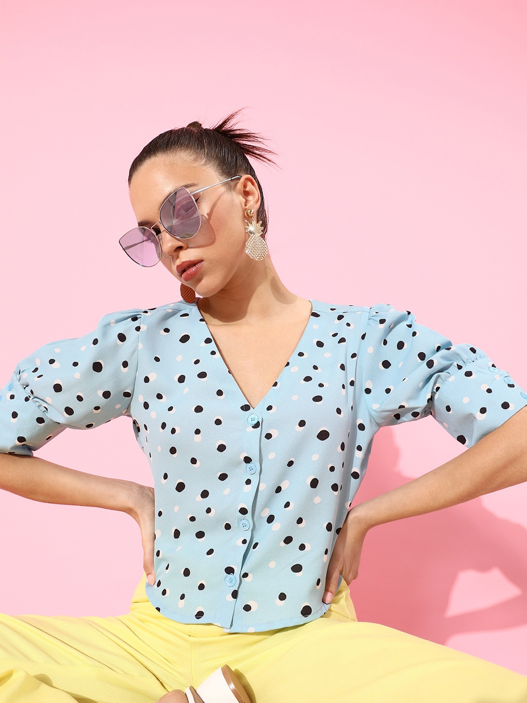 

DressBerry Women Stunning Blue Polka-Dotted Volume Play Top