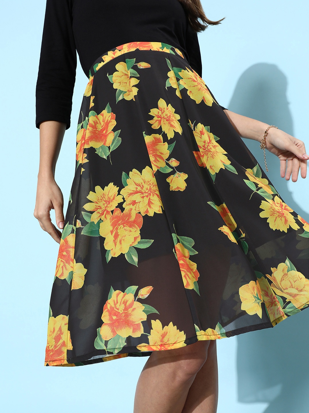 

DressBerry Blue & Yellow Floral Printed Flared Skirt, Black