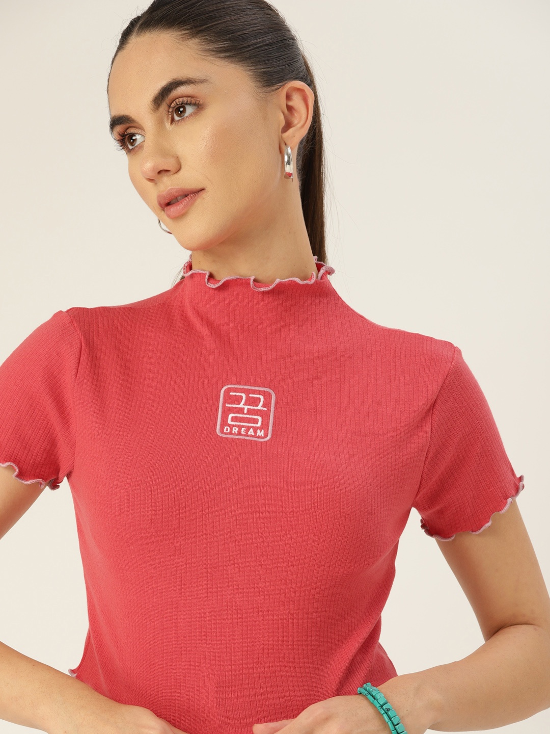 

DressBerry Women Coral Pink Ribbed High Neck T-shirt