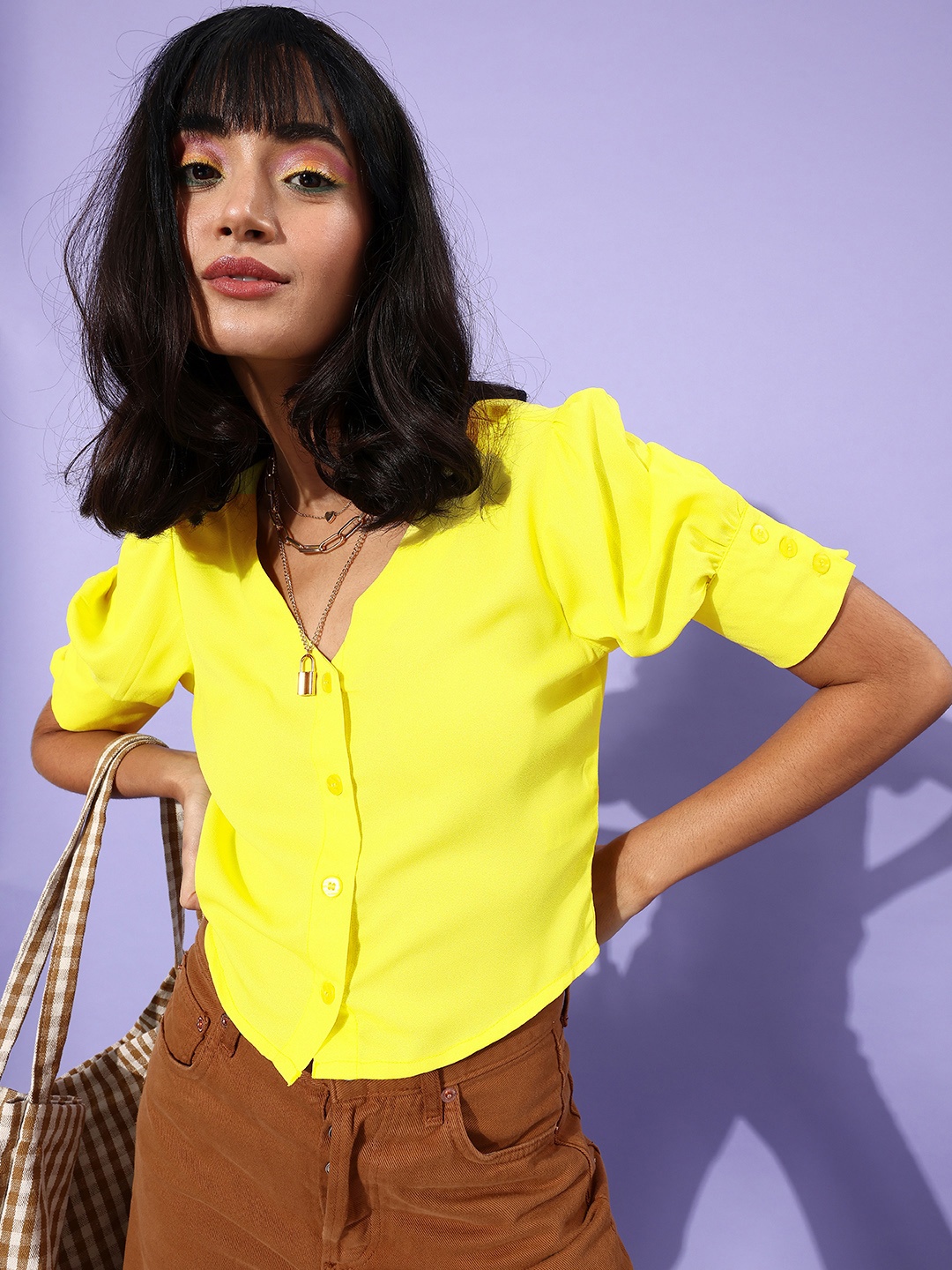 

DressBerry Bright Yellow Solid Volume Play Top
