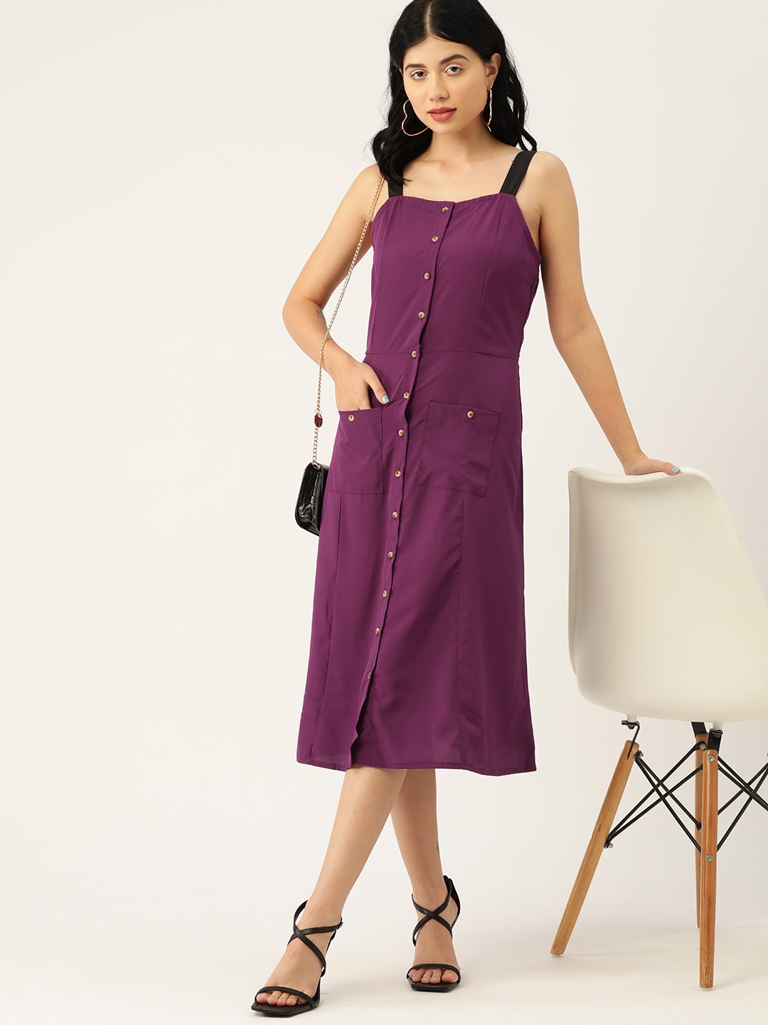 

DressBerry Purple Solid Shoulder Straps Button Down A-Line Midi Dress