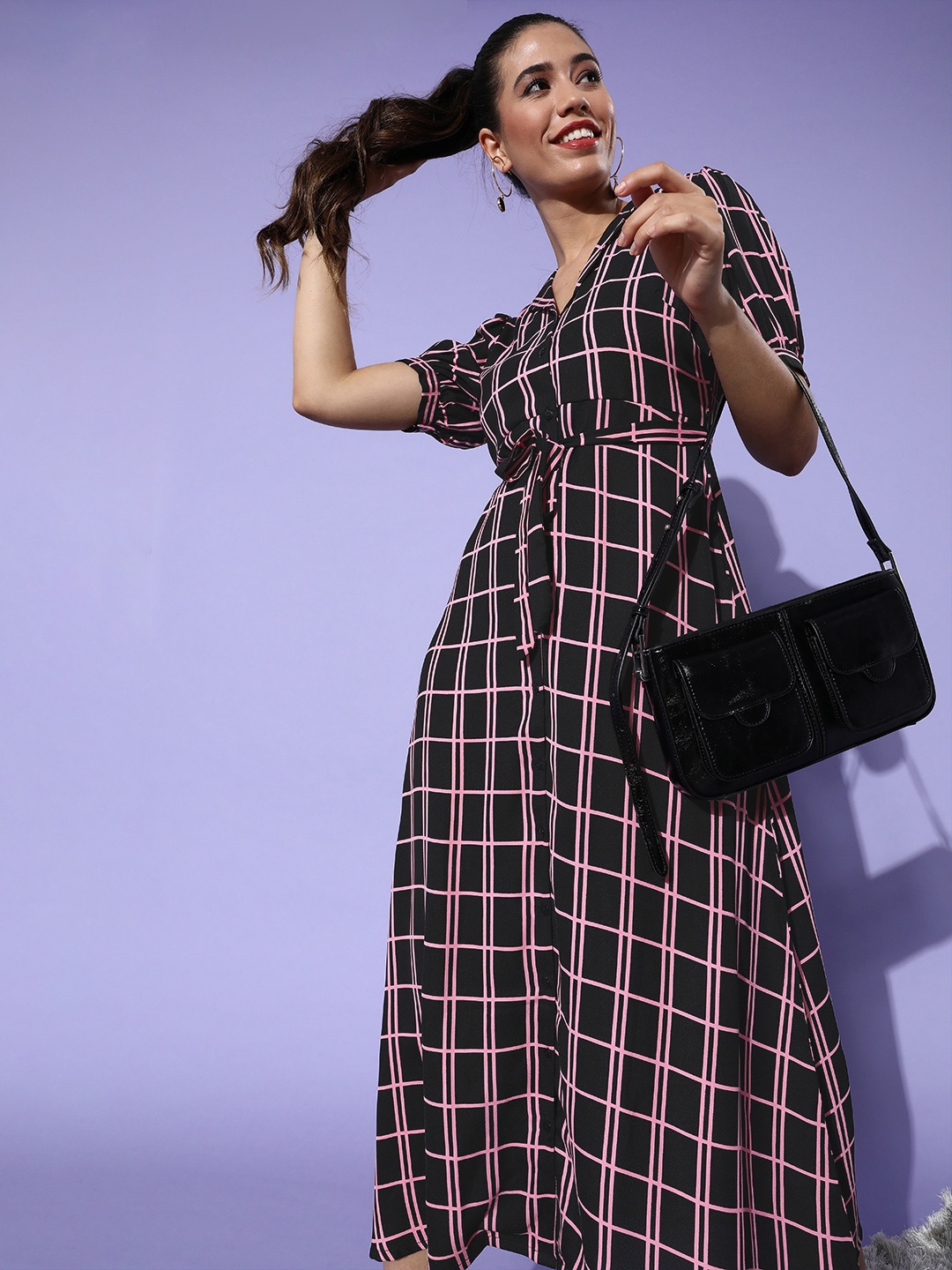 

DressBerry Women Stylish Black Checked Vacay Attire Dress