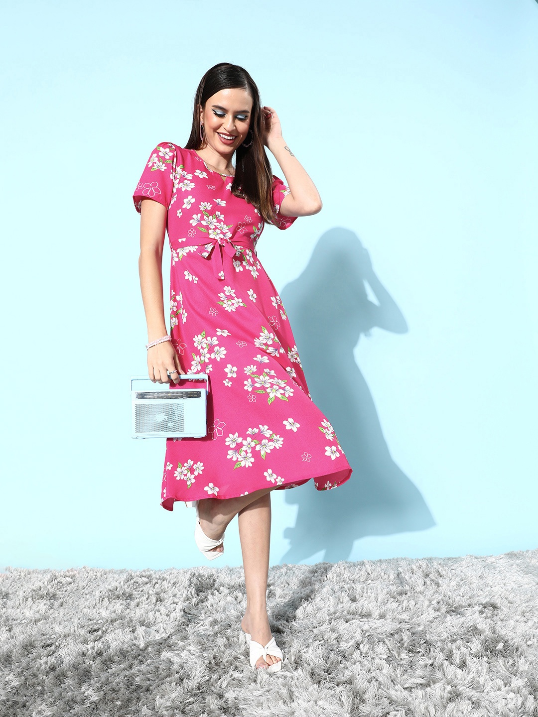 

DressBerry Women Pink & White Floral Printed Keyhole Neck Midi Dress With A Belt