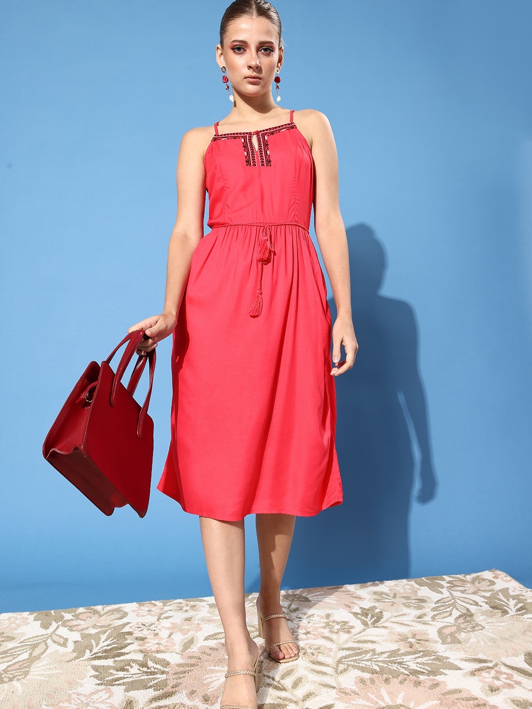 

DressBerry Pink Solid Sustainable Fit & Flare Embroidered Dress