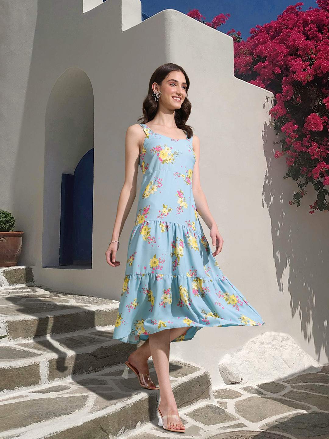 

DressBerry Blue & Yellow Floral Smocked Tiered Midi Dress