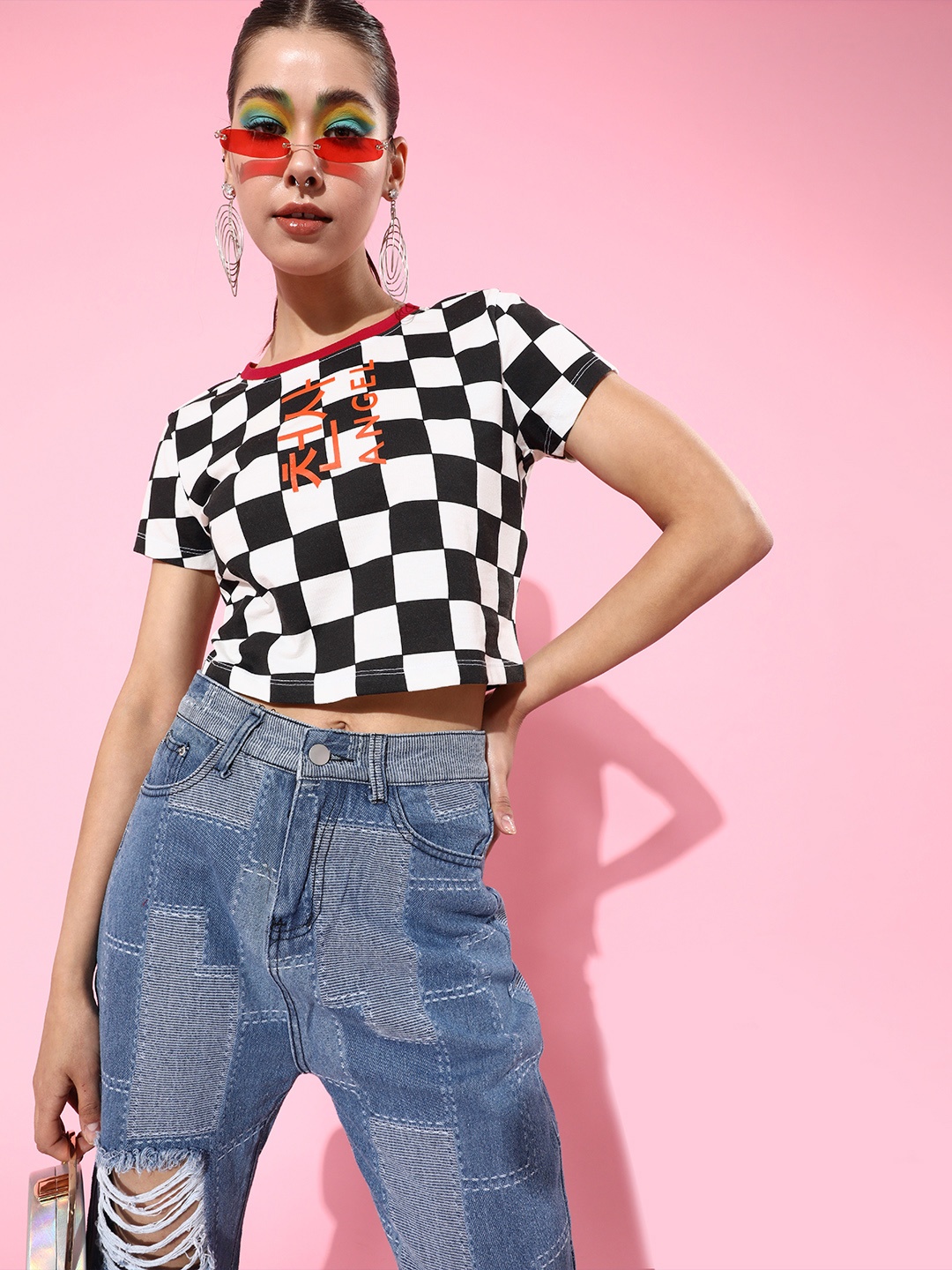 

4WRD by Dressberry Women Stylish Black Checked Baby Tee