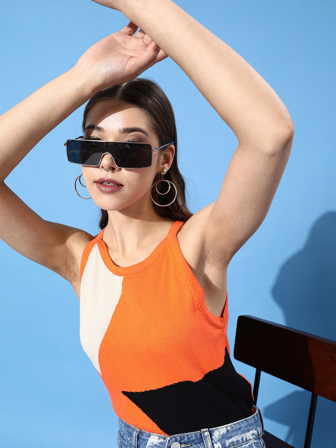 

DressBerry Orange & Black Colourblocked Top