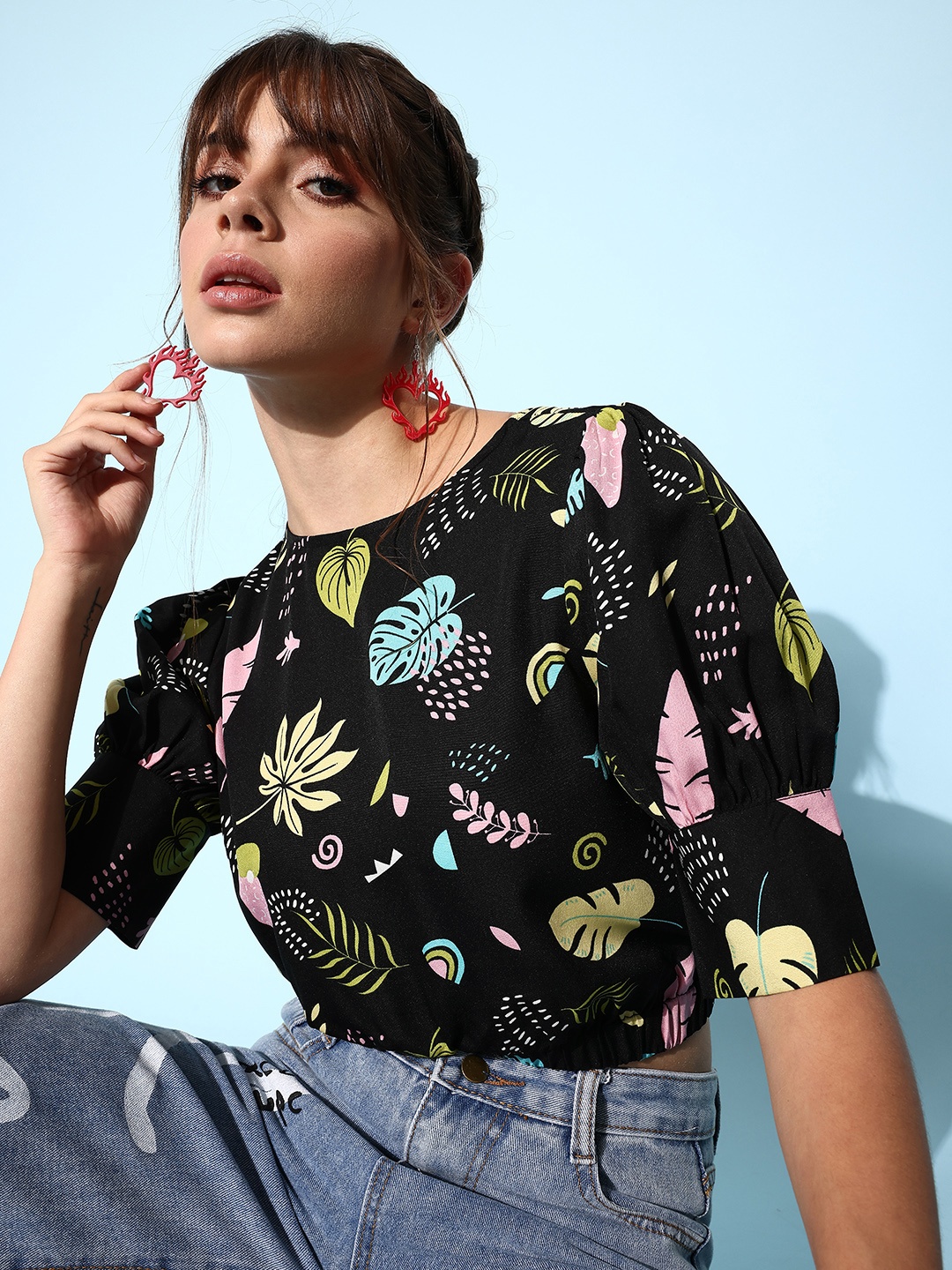 

DressBerry Women Stylish Black Floral Volume Play Top