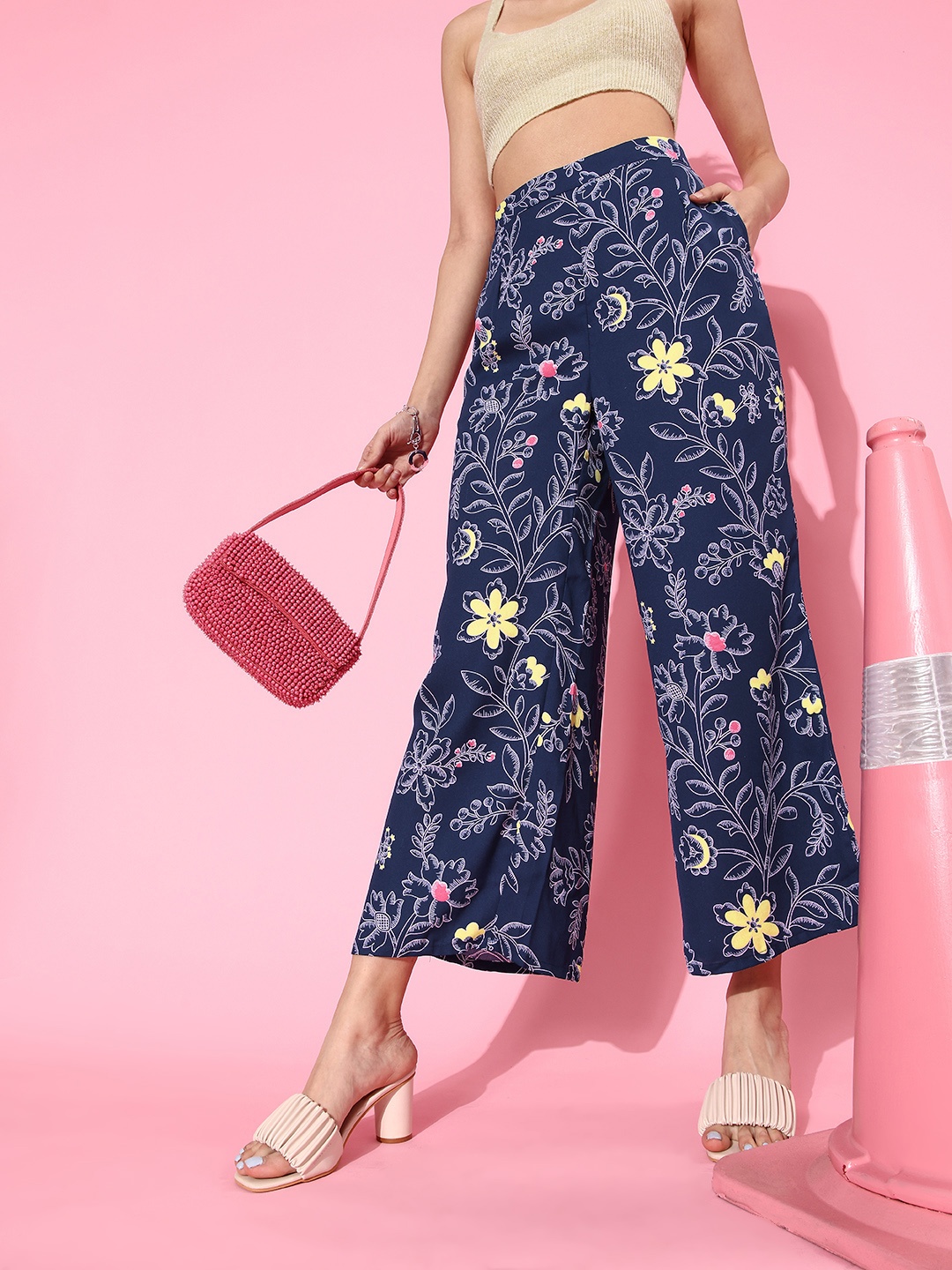 

DressBerry Women Deep Navy Blue Floral Volume Play Trousers